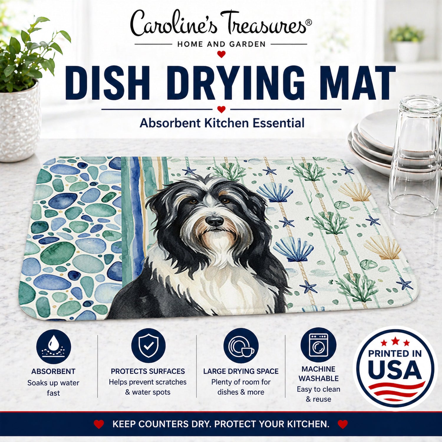 Black Bearded Collie Coastal Sea Glass Dish Drying Mat Absorbent Dish Drying Mat Pad for Kitchen Counter Dish Drainer Mat for Countertop, 14 x 21", Multicolor