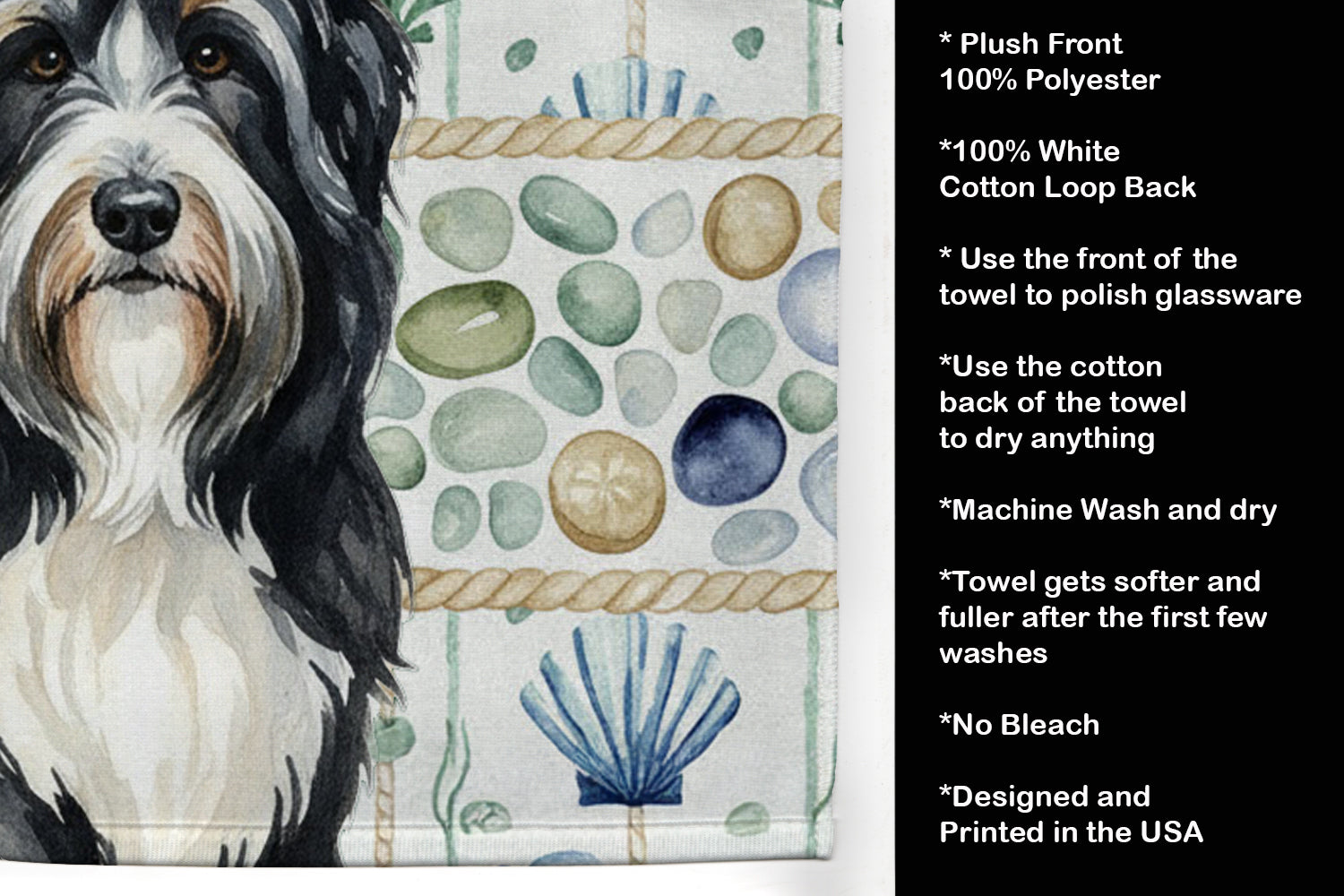 Black Bearded Collie Coastal Sea Glass Kitchen Towel Velour Plush Front and Cotton Loop Back Machine Washable