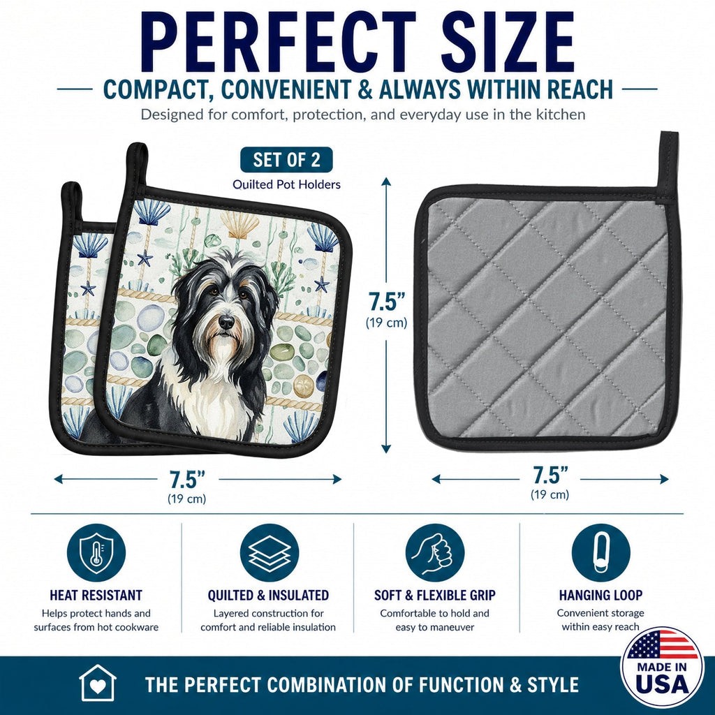 Black Bearded Collie Coastal Sea Glass Pot Holder Set of 2 Heat Resistant Quilted Hot Pads 7.5 x 7.5 Inch, Insulated Kitchen Trivets for Cooking & Baking