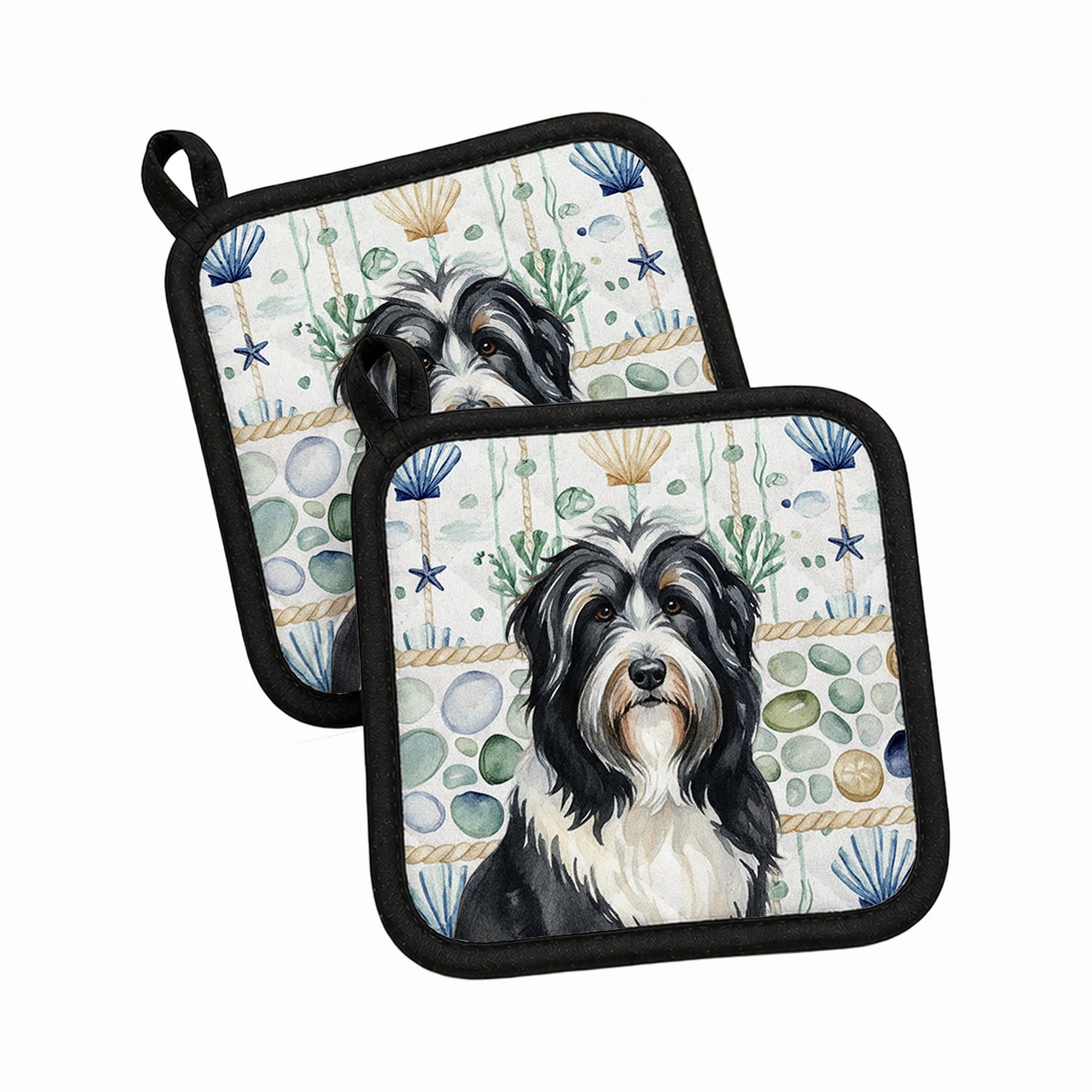 Black Bearded Collie Coastal Sea Glass Pot Holder Set of 2 Heat Resistant Quilted Hot Pads 7.5 x 7.5 Inch, Insulated Kitchen Trivets for Cooking & Baking