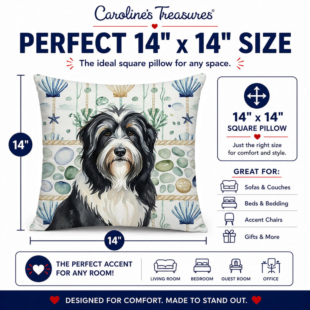 Black Bearded Collie Coastal Sea Glass Decorative Throw Pillow 14x14 Indoor Outdoor Accent Cushion, Fabric Cover with Insert for Sofa, Bed, Porch & Living Room