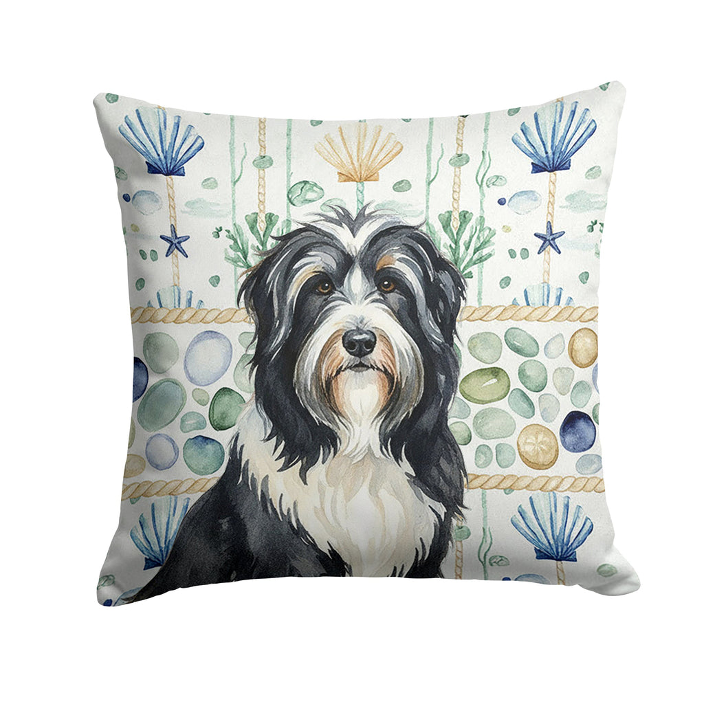 Black Bearded Collie Coastal Sea Glass Decorative Throw Pillow 14x14 Indoor Outdoor Accent Cushion, Fabric Cover with Insert for Sofa, Bed, Porch & Living Room