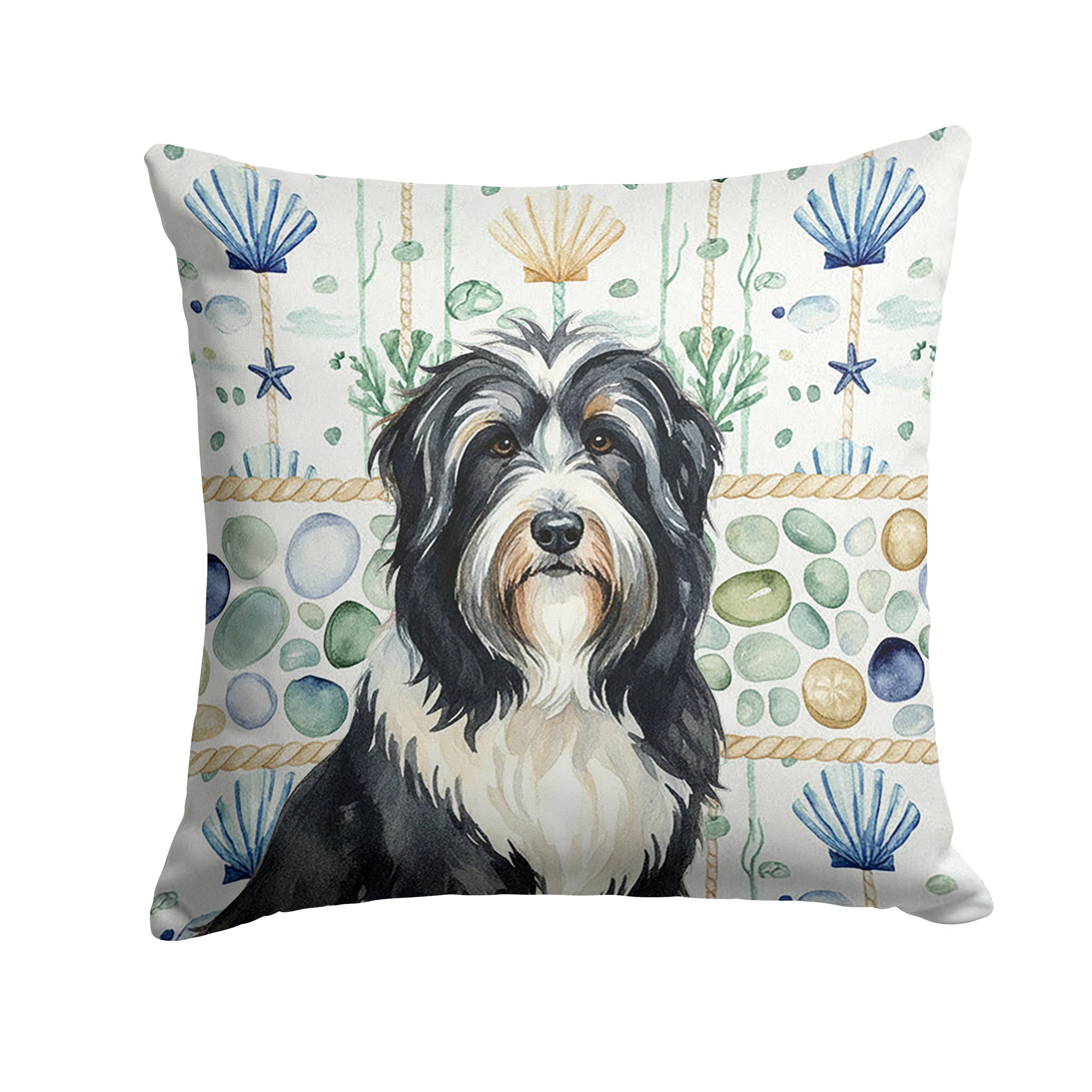 Black Bearded Collie Coastal Sea Glass Decorative Throw Pillow 14x14 Indoor Outdoor Accent Cushion, Fabric Cover with Insert for Sofa, Bed, Porch & Living Room
