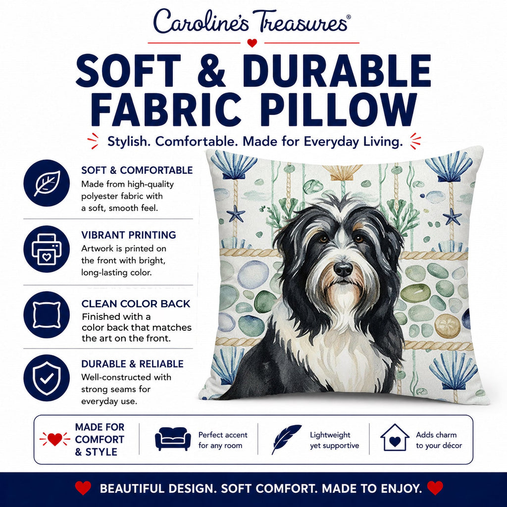 Black Bearded Collie Coastal Sea Glass Decorative Throw Pillow 18x18 Indoor Outdoor Accent Cushion, Fabric Cover with Insert for Sofa, Bed, Porch & Living Room