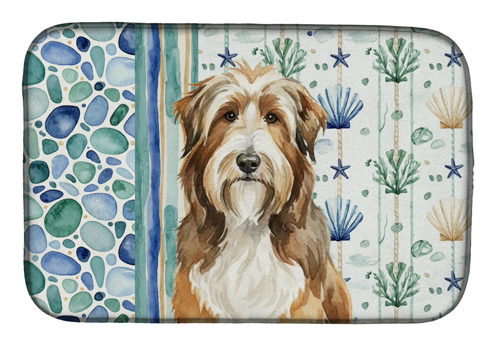 Brown Bearded Collie Coastal Sea Glass Dish Drying Mat Absorbent Dish Drying Mat Pad for Kitchen Counter Dish Drainer Mat for Countertop, 14 x 21", Multicolor