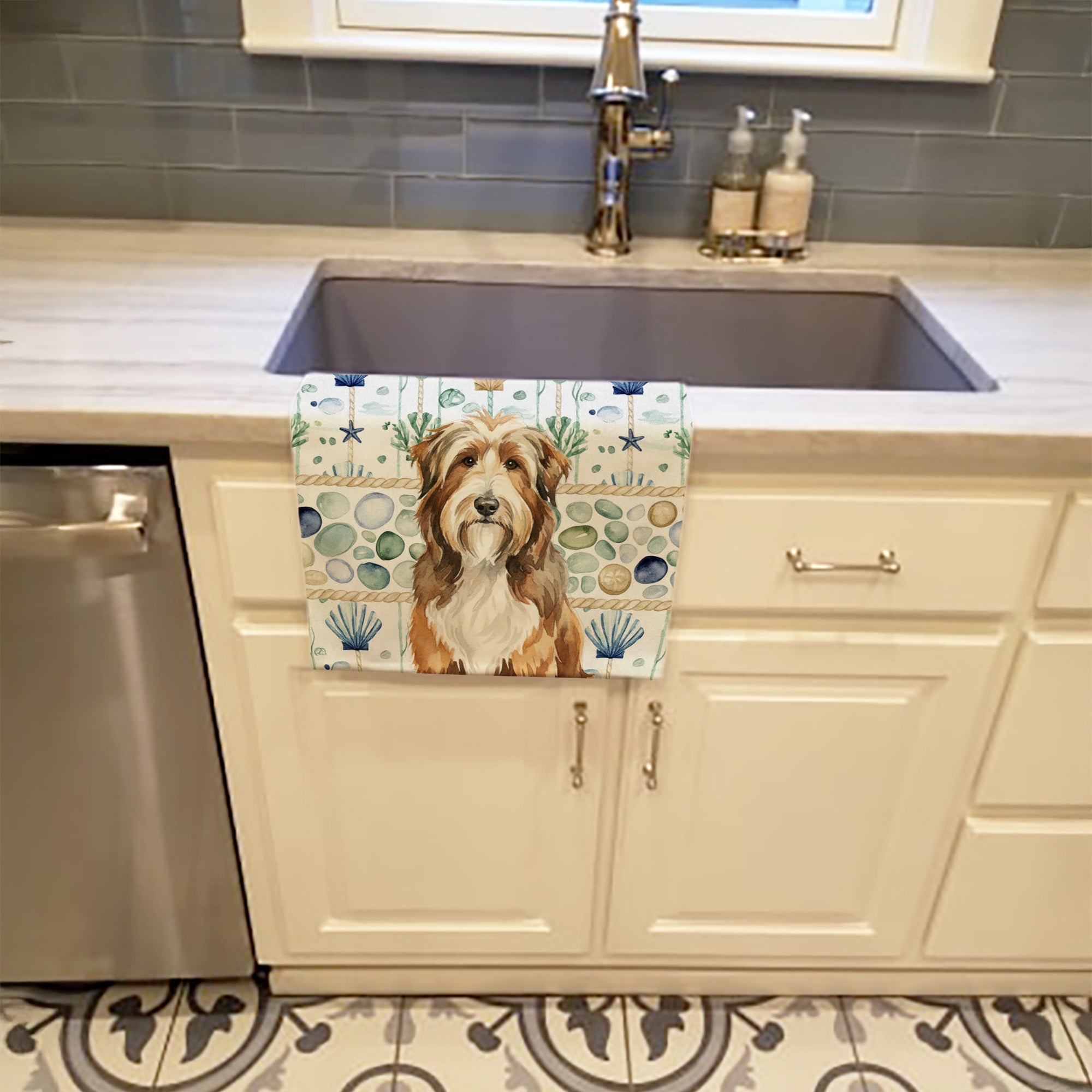 Brown Bearded Collie Coastal Sea Glass Kitchen Towel Velour Plush Front and Cotton Loop Back Machine Washable
