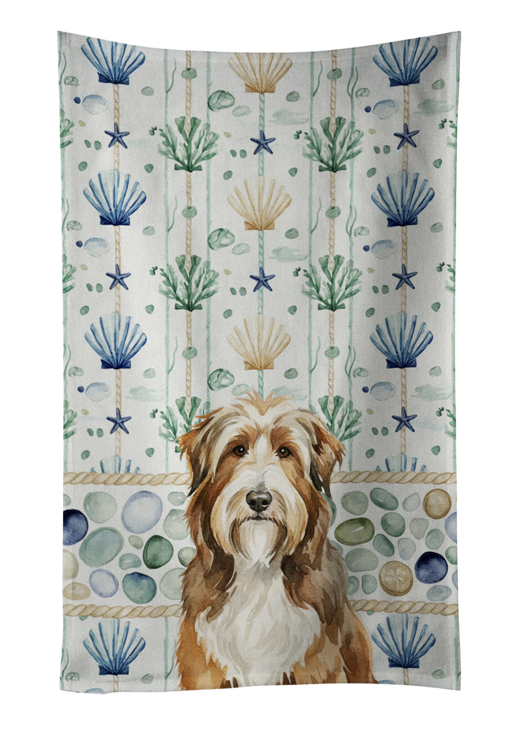 Brown Bearded Collie Coastal Sea Glass Kitchen Towel Velour Plush Front and Cotton Loop Back Machine Washable