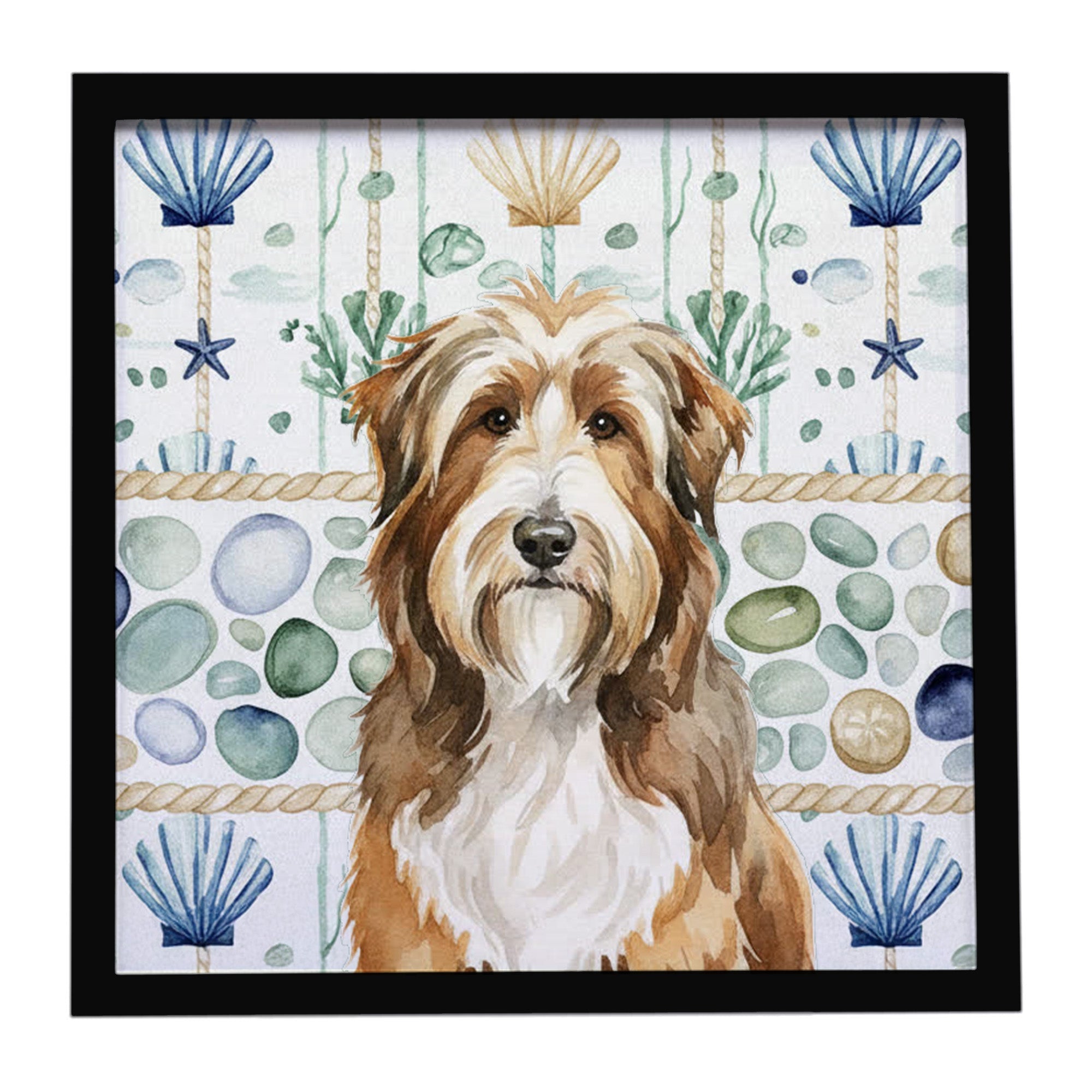Brown Bearded Collie Coastal Sea Glass Framed Metal Print Bathroom, Kitchen, Office, Home Decor Wall Art Ready to Hang, Square, 8X8
