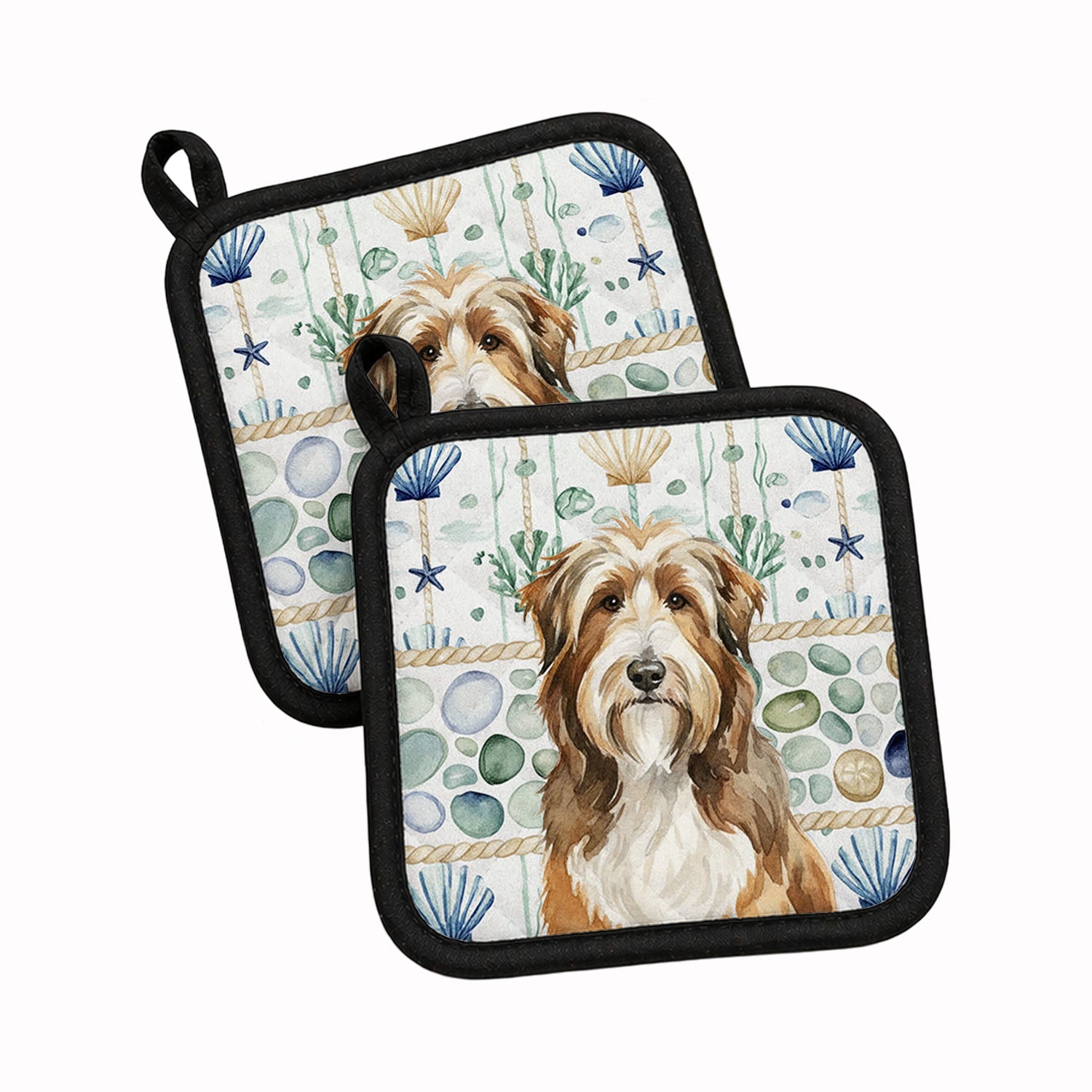 Brown Bearded Collie Coastal Sea Glass Pot Holder Set of 2 Heat Resistant Quilted Hot Pads 7.5 x 7.5 Inch, Insulated Kitchen Trivets for Cooking & Baking