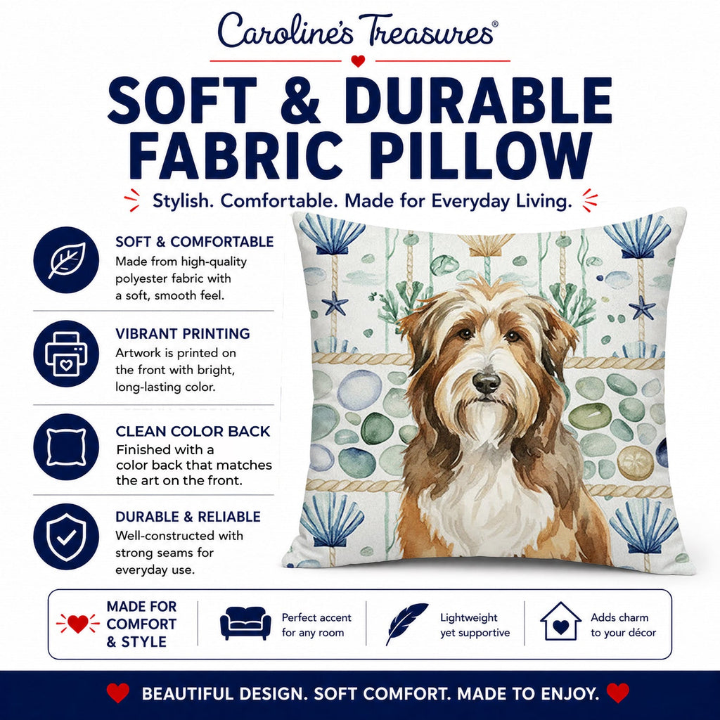 Brown Bearded Collie Coastal Sea Glass Decorative Throw Pillow 18x18 Indoor Outdoor Accent Cushion, Fabric Cover with Insert for Sofa, Bed, Porch & Living Room