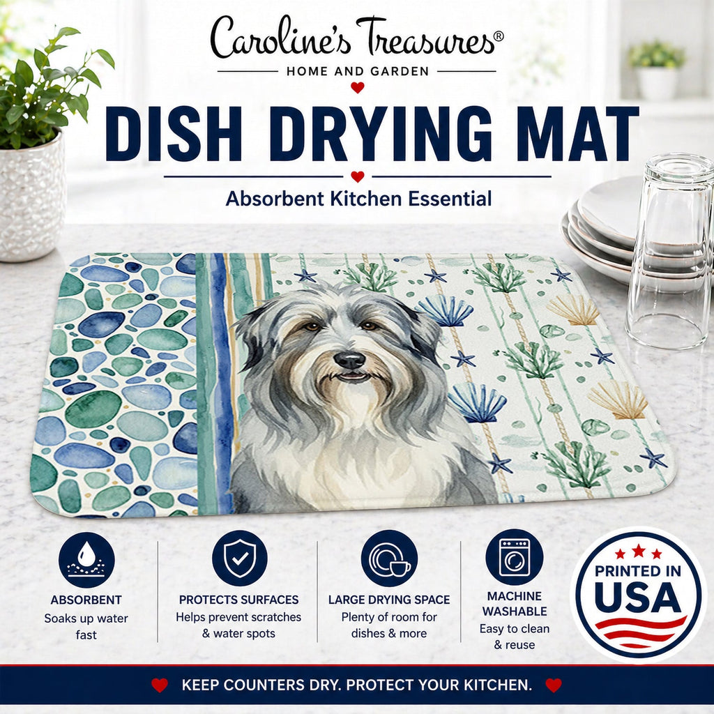 Bearded Collie Coastal Sea Glass Dish Drying Mat Absorbent Dish Drying Mat Pad for Kitchen Counter Dish Drainer Mat for Countertop, 14 x 21", Multicolor
