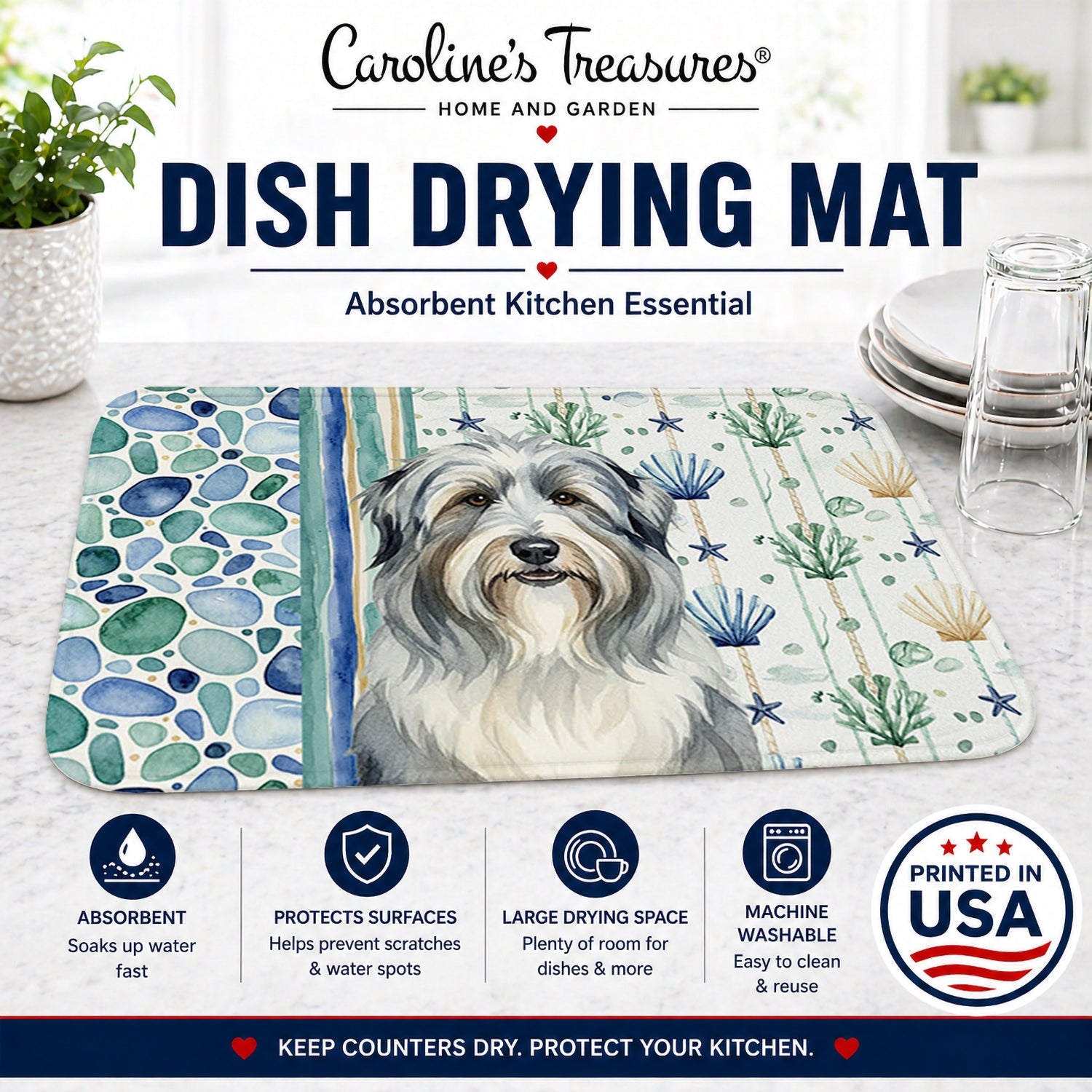 Bearded Collie Coastal Sea Glass Dish Drying Mat Absorbent Dish Drying Mat Pad for Kitchen Counter Dish Drainer Mat for Countertop, 14 x 21", Multicolor