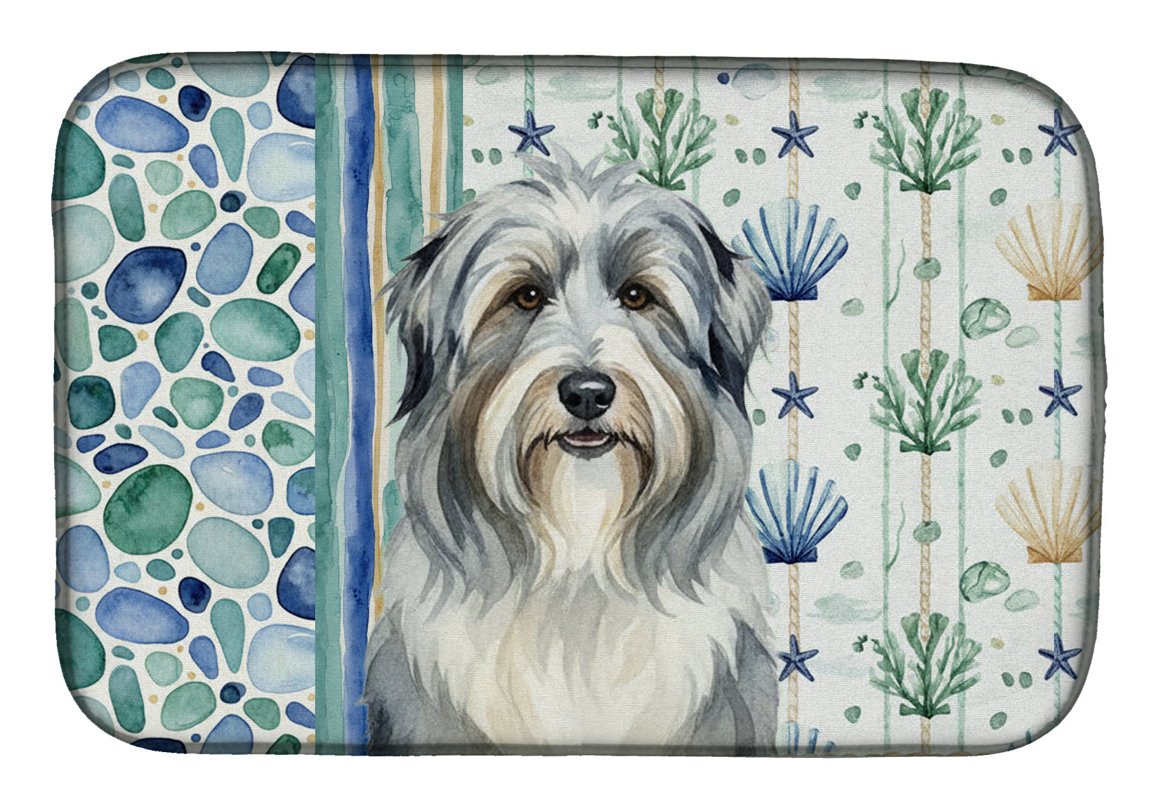 Bearded Collie Coastal Sea Glass Dish Drying Mat Absorbent Dish Drying Mat Pad for Kitchen Counter Dish Drainer Mat for Countertop, 14 x 21", Multicolor