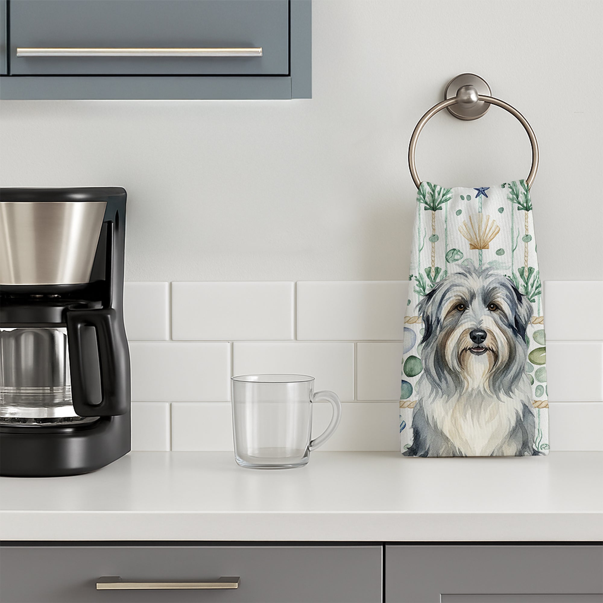Bearded Collie Coastal Sea Glass Kitchen Towel Velour Plush Front and Cotton Loop Back Machine Washable