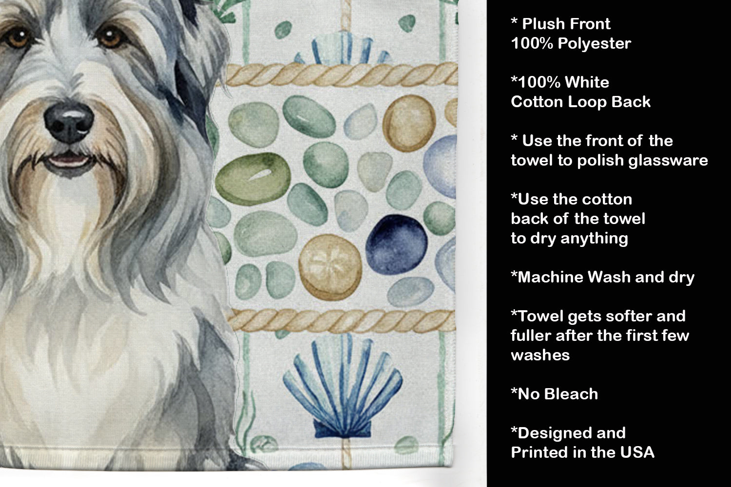 Bearded Collie Coastal Sea Glass Kitchen Towel Velour Plush Front and Cotton Loop Back Machine Washable