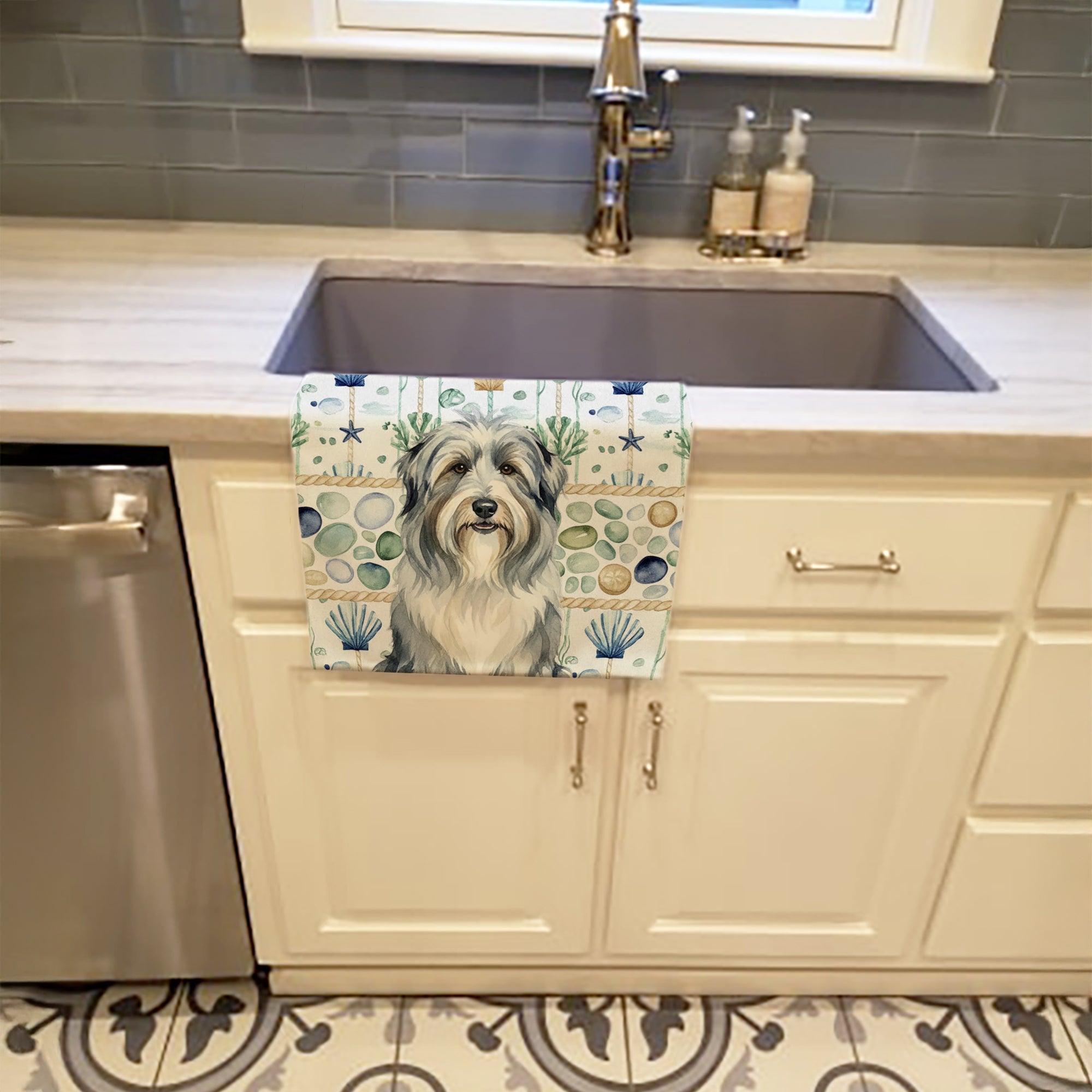 Bearded Collie Coastal Sea Glass Kitchen Towel Velour Plush Front and Cotton Loop Back Machine Washable