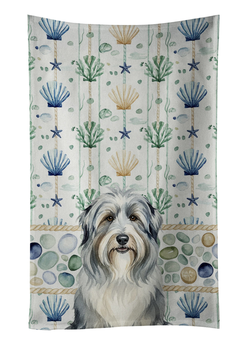 Bearded Collie Coastal Sea Glass Kitchen Towel Velour Plush Front and Cotton Loop Back Machine Washable