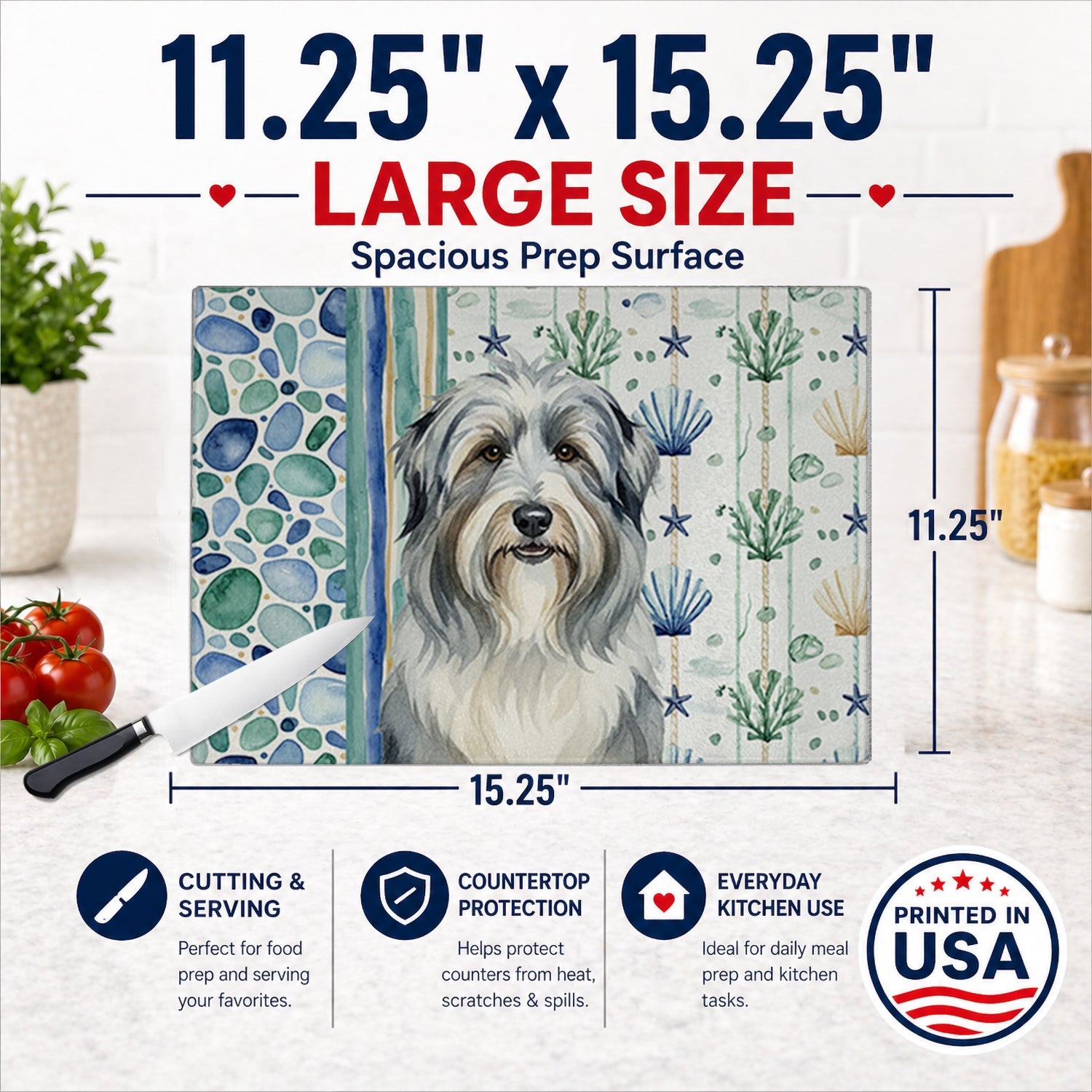 Bearded Collie Coastal Sea Glass Cutting Board Tempered Glass Kitchen Cutting Surface, Heat Resistant Chopping, Non-Slip Feet, Food Prep & Serving