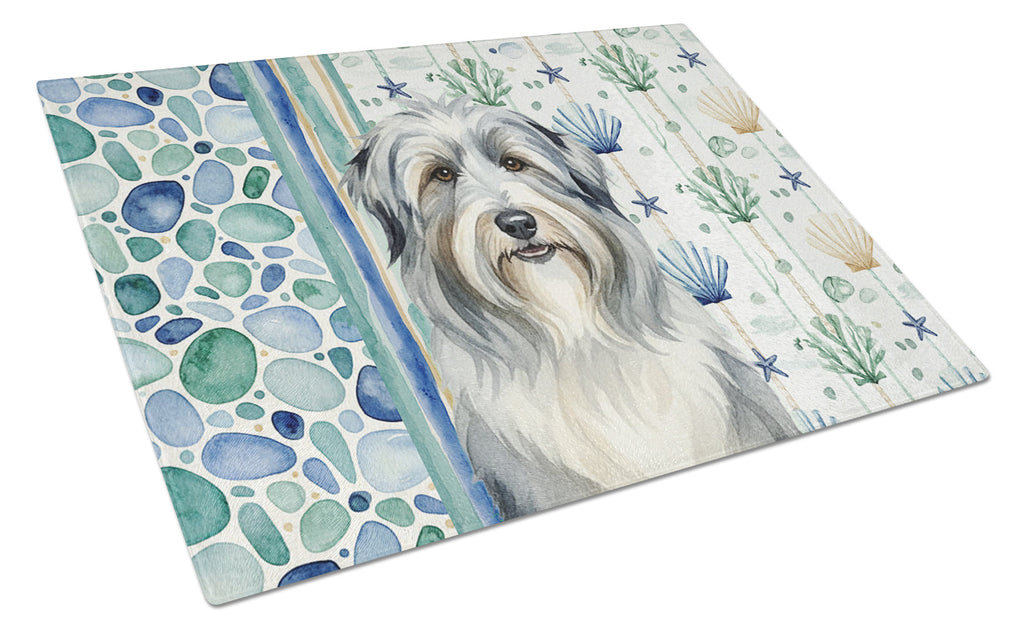 Bearded Collie Coastal Sea Glass Cutting Board Tempered Glass Kitchen Cutting Surface, Heat Resistant Chopping, Non-Slip Feet, Food Prep & Serving