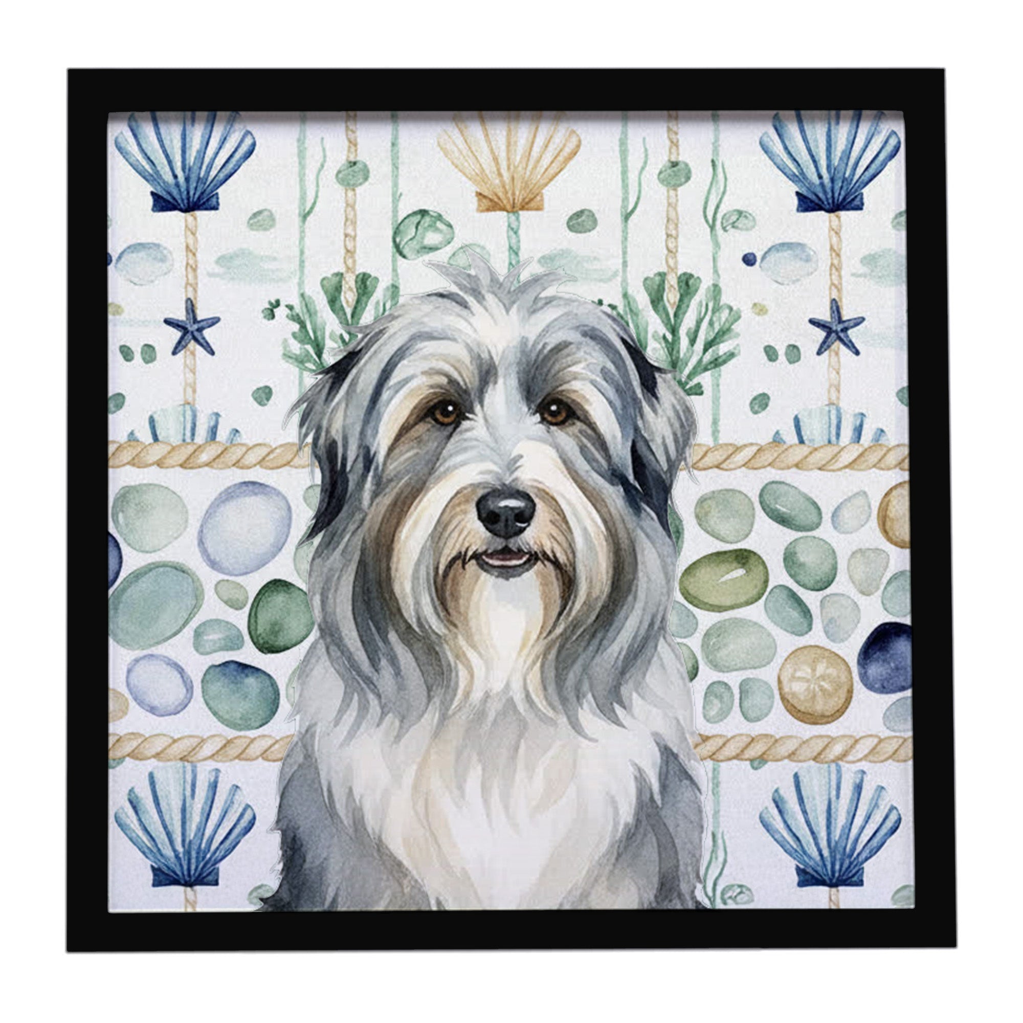 Bearded Collie Coastal Sea Glass Framed Metal Print Bathroom, Kitchen, Office, Home Decor Wall Art Ready to Hang, Square, 8X8