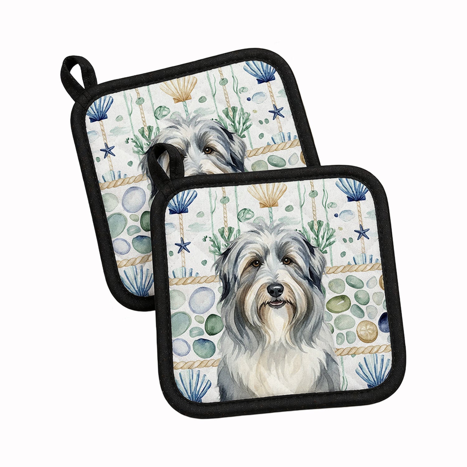 Bearded Collie Coastal Sea Glass Pot Holder Set of 2 Heat Resistant Quilted Hot Pads 7.5 x 7.5 Inch, Insulated Kitchen Trivets for Cooking & Baking