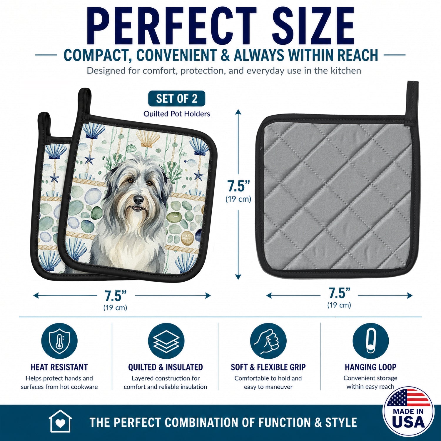 Bearded Collie Coastal Sea Glass Pot Holder Set of 2 Heat Resistant Quilted Hot Pads 7.5 x 7.5 Inch, Insulated Kitchen Trivets for Cooking & Baking