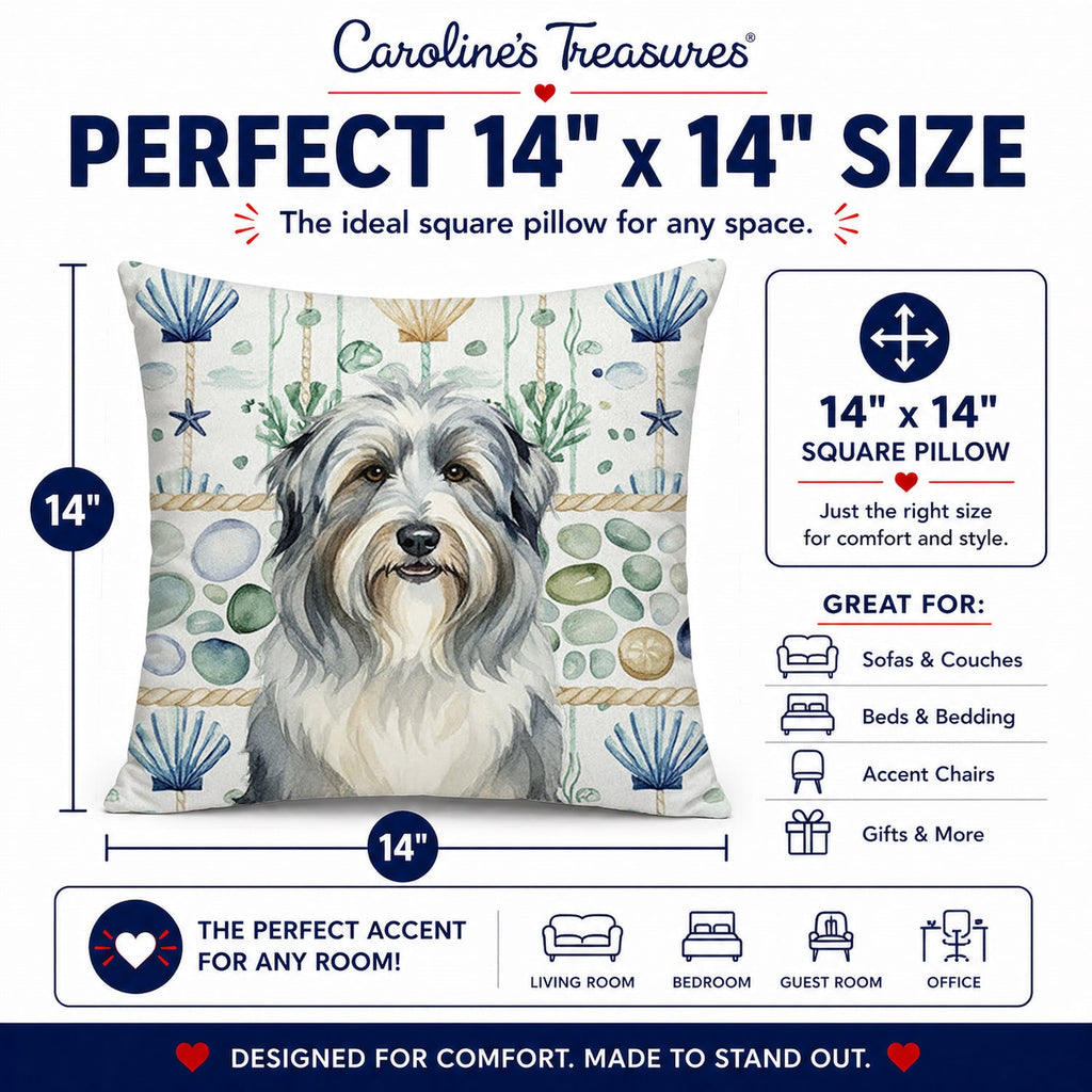 Bearded Collie Coastal Sea Glass Decorative Throw Pillow 14x14 Indoor Outdoor Accent Cushion, Fabric Cover with Insert for Sofa, Bed, Porch & Living Room