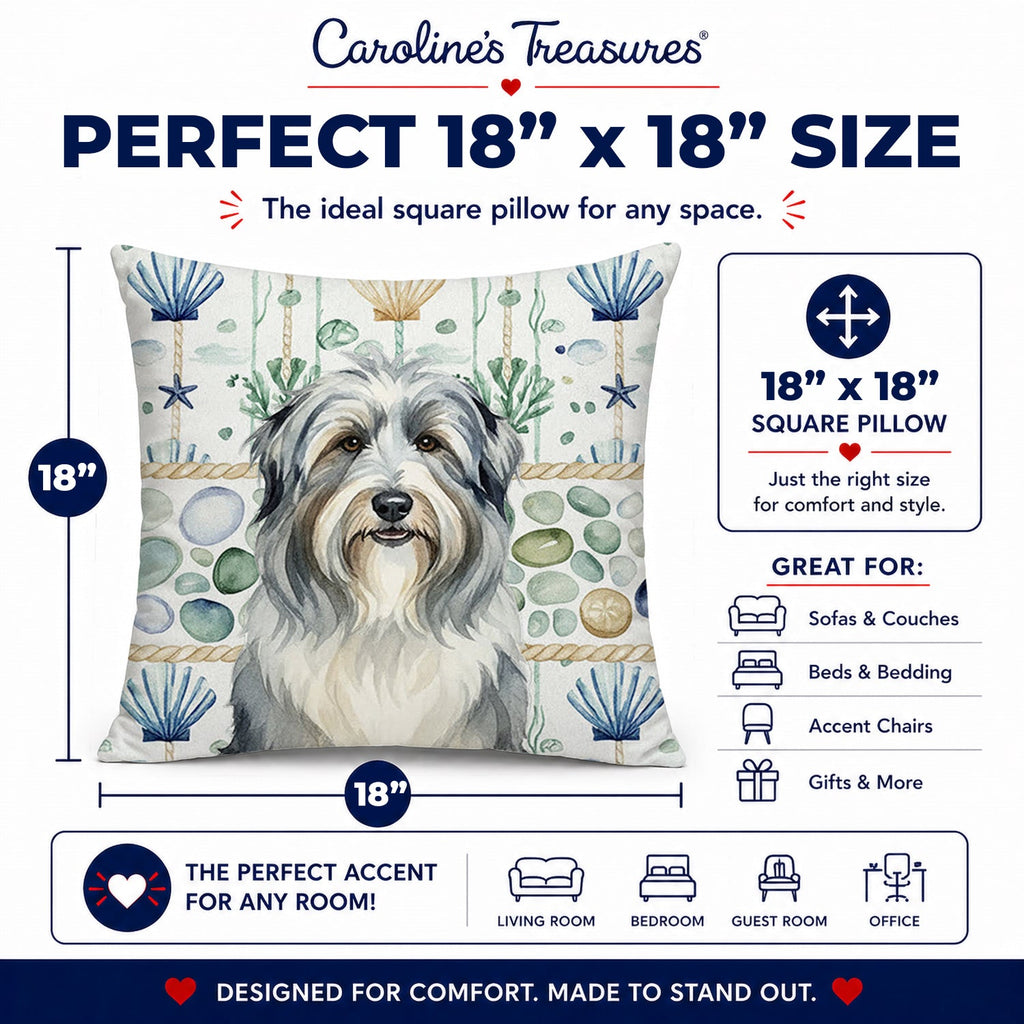 Bearded Collie Coastal Sea Glass Decorative Throw Pillow 18x18 Indoor Outdoor Accent Cushion, Fabric Cover with Insert for Sofa, Bed, Porch & Living Room