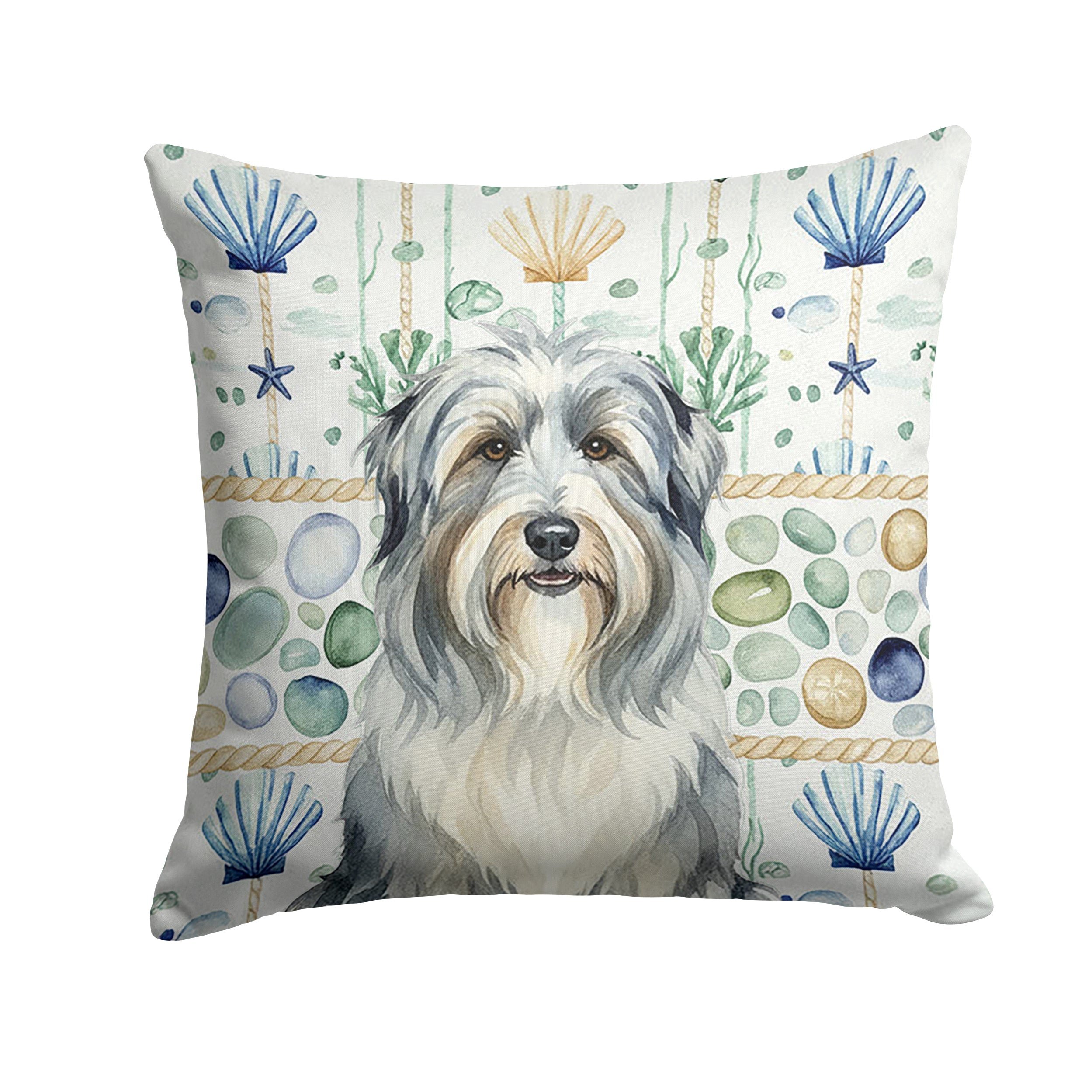 Bearded Collie Coastal Sea Glass Decorative Throw Pillow 18x18 Indoor Outdoor Accent Cushion, Fabric Cover with Insert for Sofa, Bed, Porch & Living Room