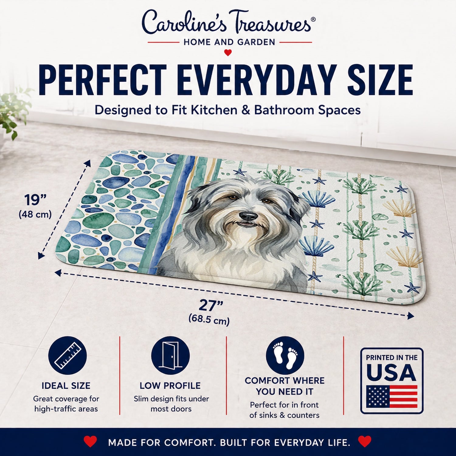 Bearded Collie Coastal Sea Glass Memory Foam Kitchen Mat Machine Washable Anti-Fatigue Cushion Comfort Bath or Kitchen Rug