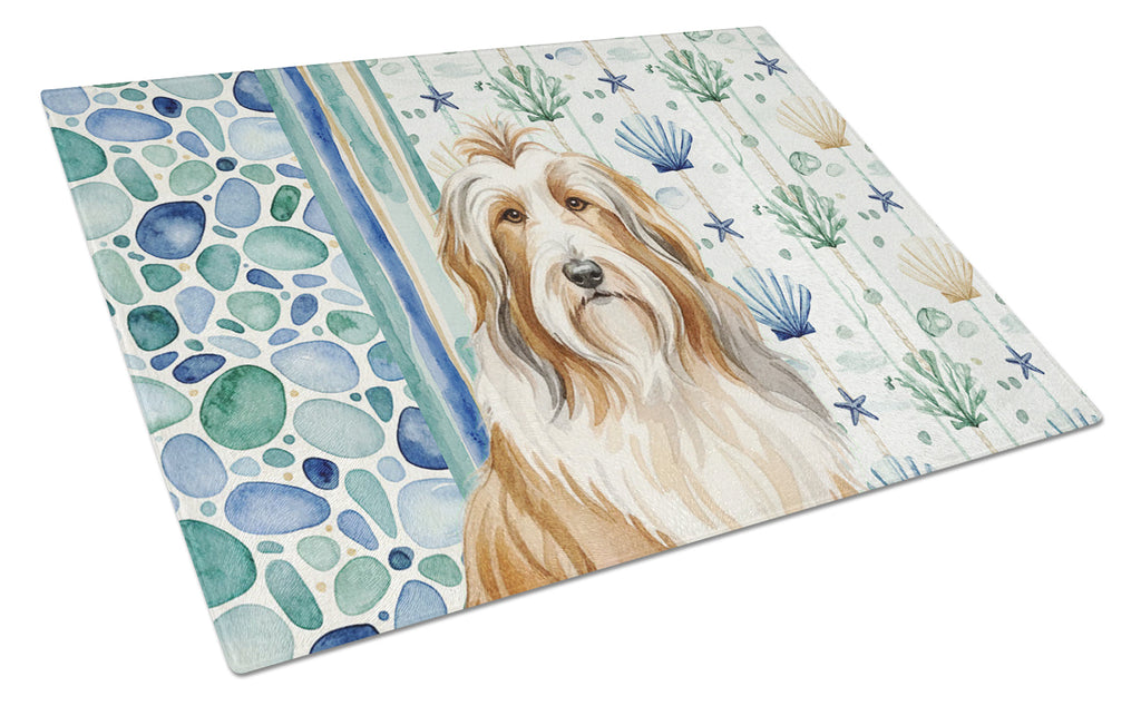 Fawn Bearded Collie Coastal Sea Glass Cutting Board Tempered Glass Kitchen Cutting Surface, Heat Resistant Chopping, Non-Slip Feet, Food Prep & Serving