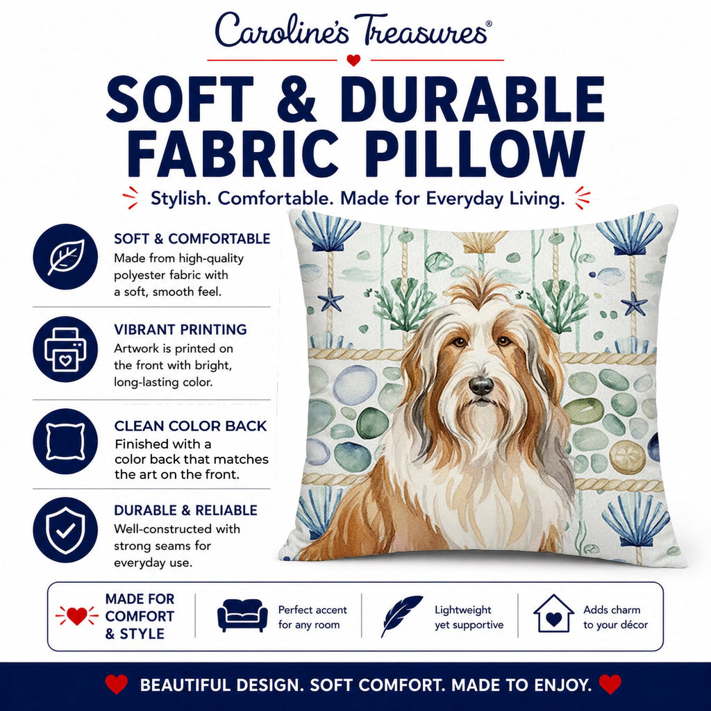 Fawn Bearded Collie Coastal Sea Glass Decorative Throw Pillow 14x14 Indoor Outdoor Accent Cushion, Fabric Cover with Insert for Sofa, Bed, Porch & Living Room