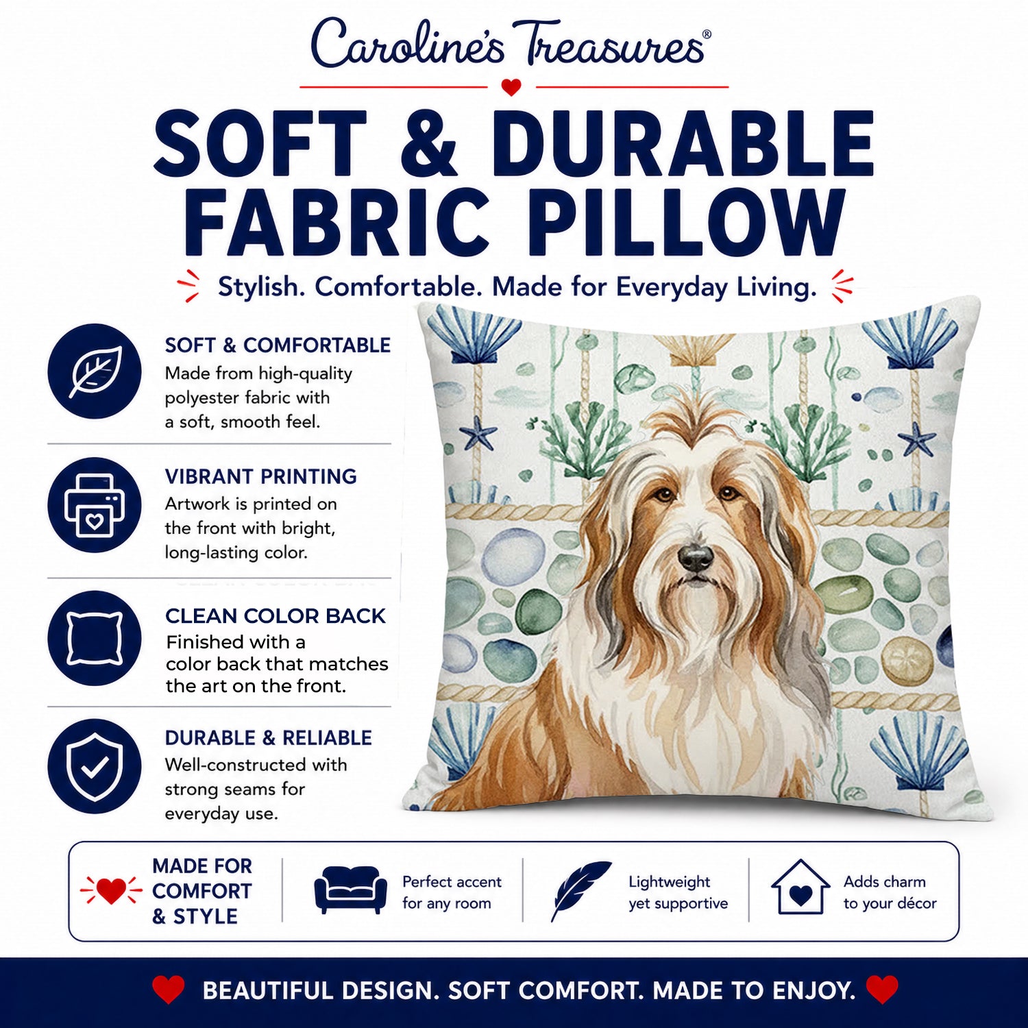 Fawn Bearded Collie Coastal Sea Glass Decorative Throw Pillow 14x14 Indoor Outdoor Accent Cushion, Fabric Cover with Insert for Sofa, Bed, Porch & Living Room