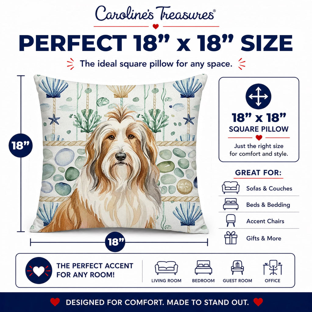 Fawn Bearded Collie Coastal Sea Glass Decorative Throw Pillow 18x18 Indoor Outdoor Accent Cushion, Fabric Cover with Insert for Sofa, Bed, Porch & Living Room