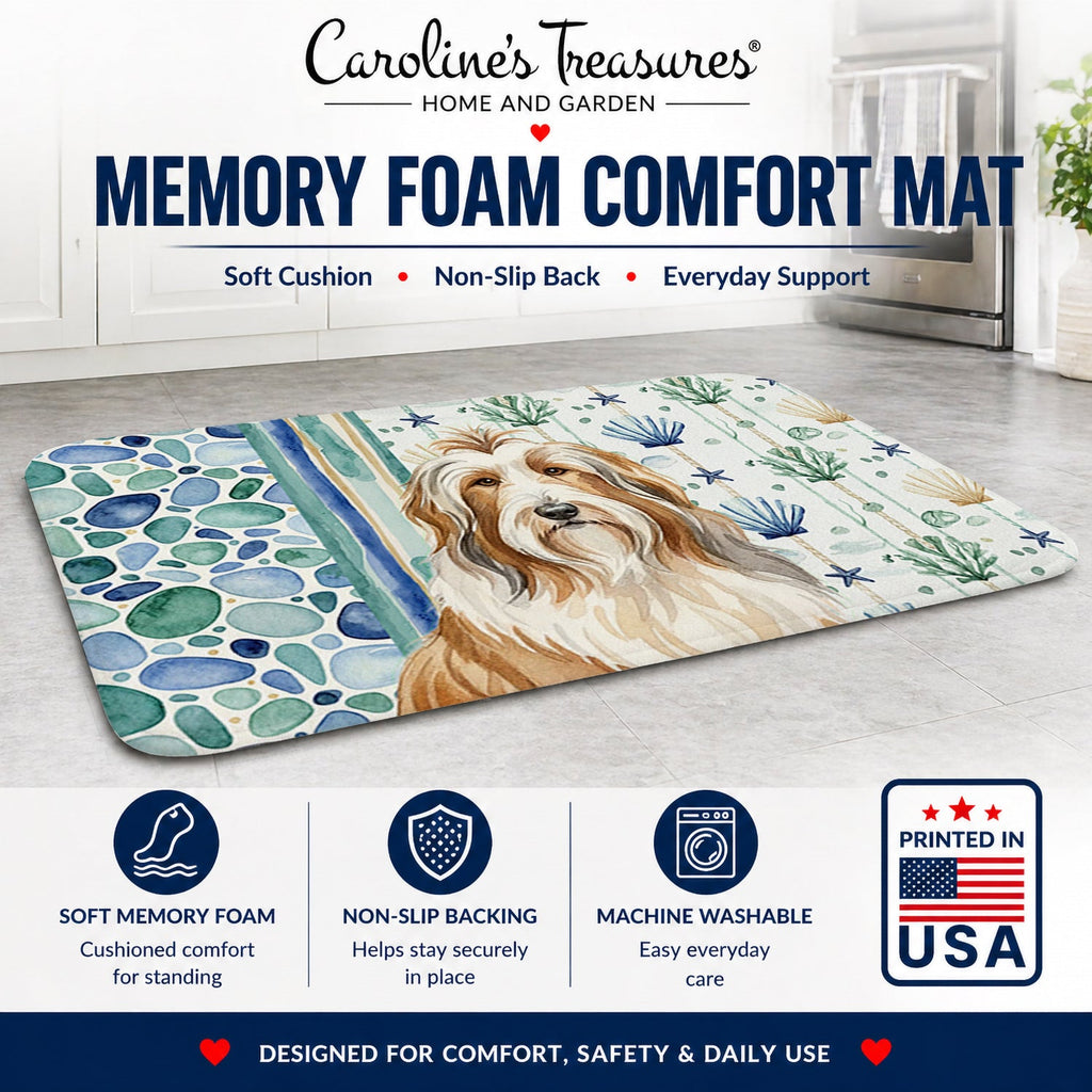 Fawn Bearded Collie Coastal Sea Glass Memory Foam Kitchen Mat Machine Washable Anti-Fatigue Cushion Comfort Bath or Kitchen Rug