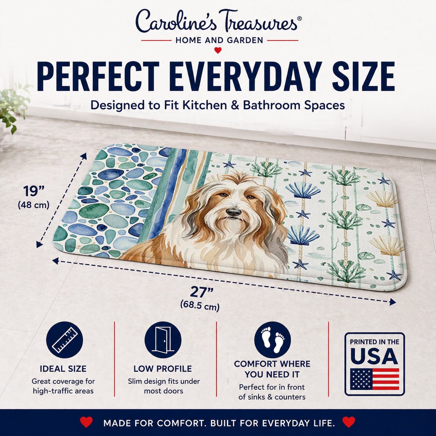 Fawn Bearded Collie Coastal Sea Glass Memory Foam Kitchen Mat Machine Washable Anti-Fatigue Cushion Comfort Bath or Kitchen Rug
