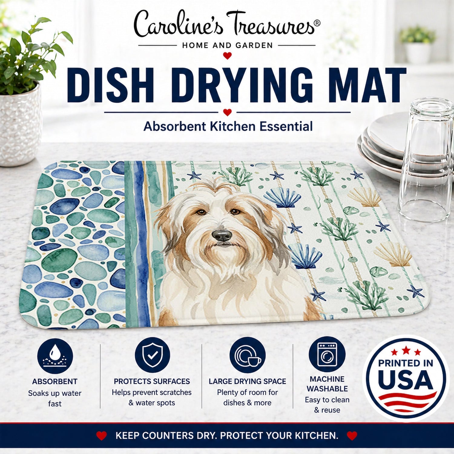 White and Tan Bearded Collie Coastal Sea Glass Dish Drying Mat Absorbent Dish Drying Mat Pad for Kitchen Counter Dish Drainer Mat for Countertop, 14 x 21", Multicolor