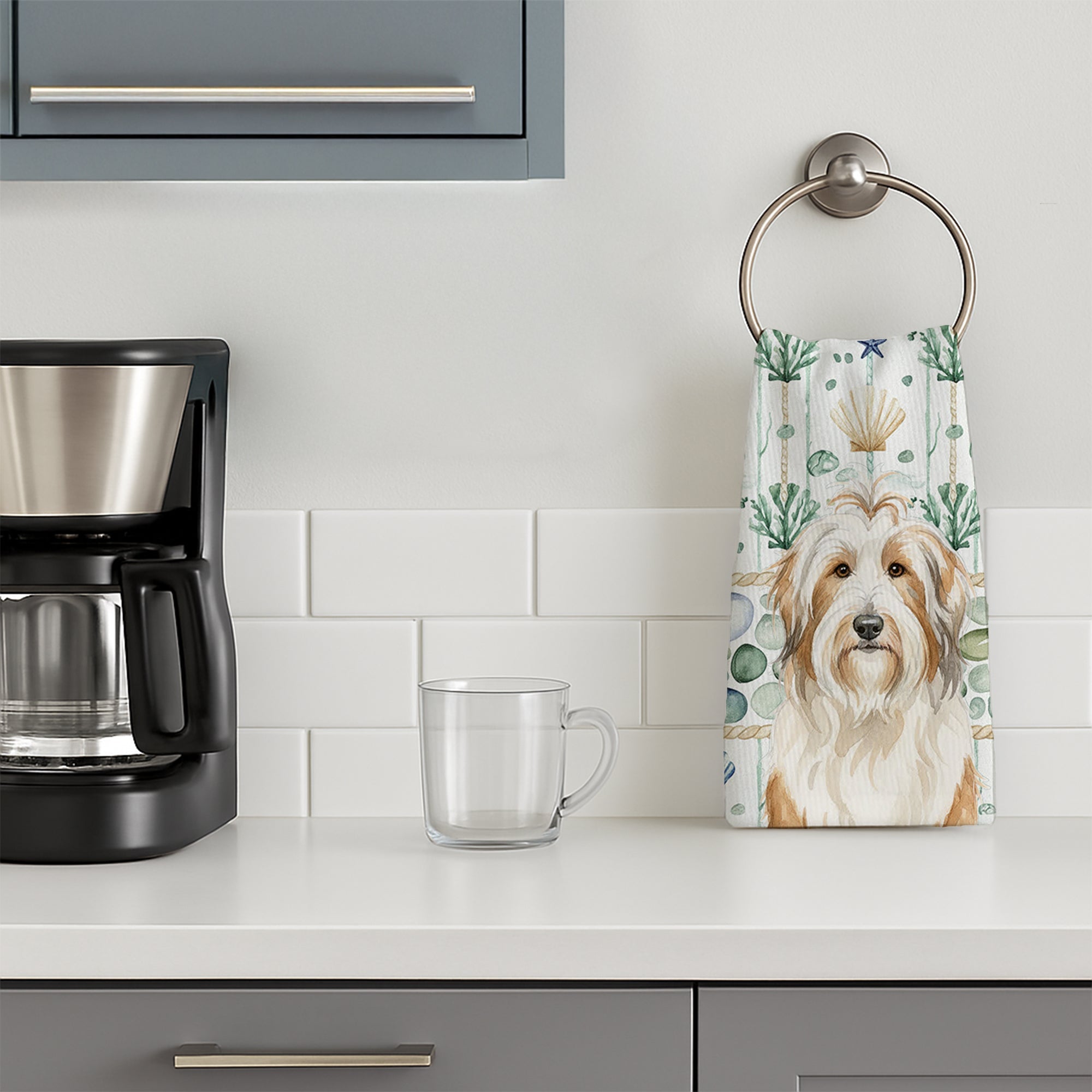 White and Tan Bearded Collie Coastal Sea Glass Kitchen Towel Velour Plush Front and Cotton Loop Back Machine Washable