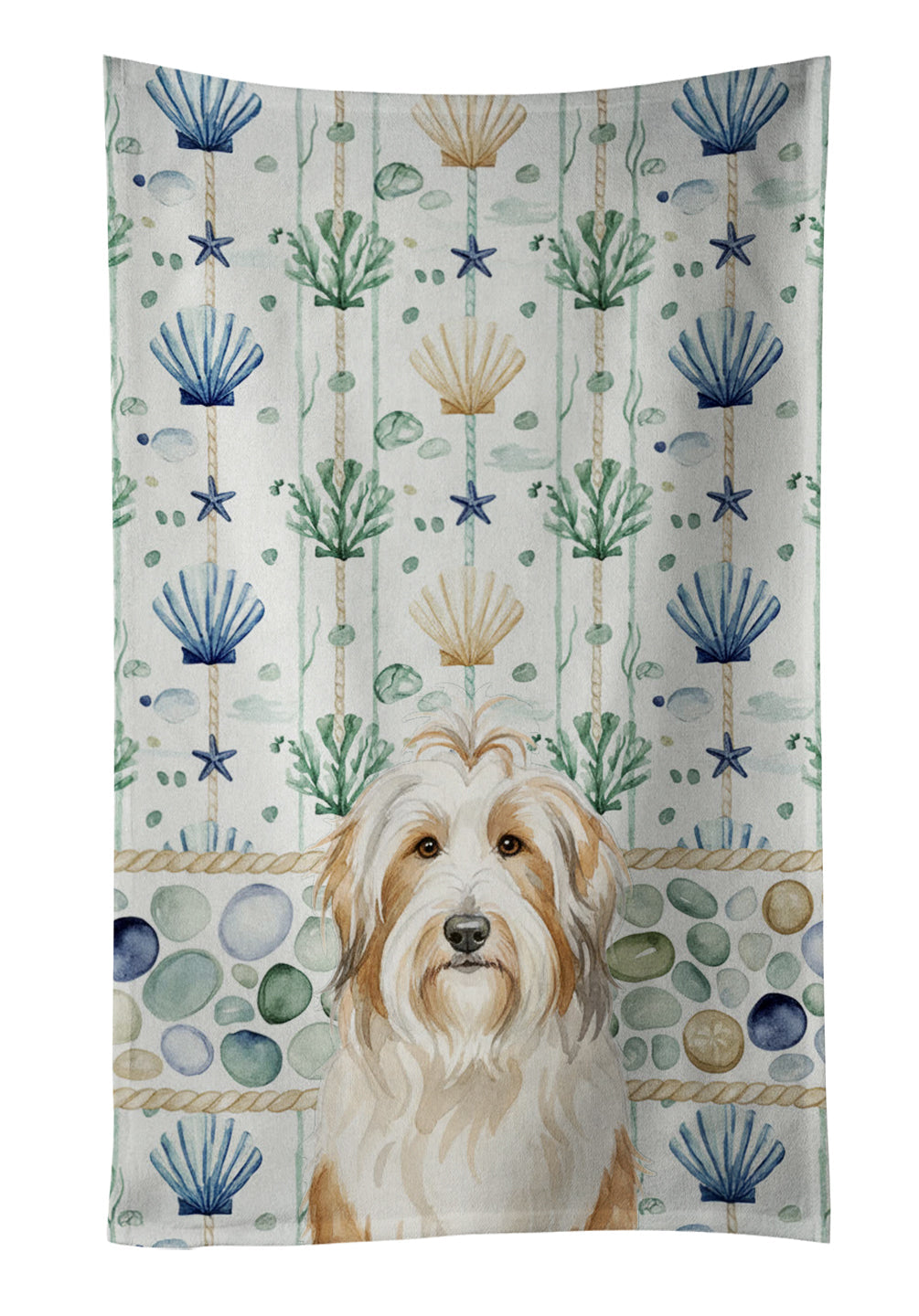 White and Tan Bearded Collie Coastal Sea Glass Kitchen Towel Velour Plush Front and Cotton Loop Back Machine Washable