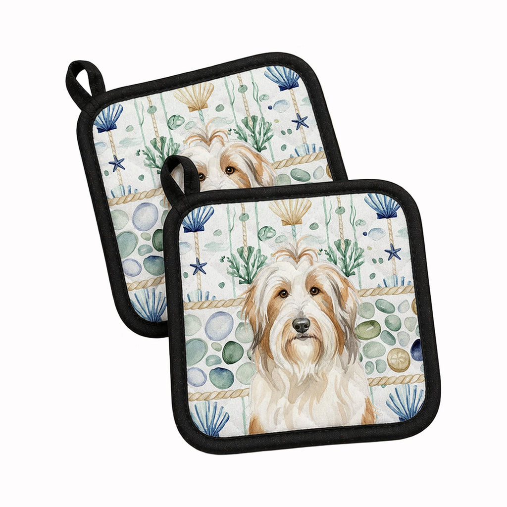 White and Tan Bearded Collie Coastal Sea Glass Pot Holder Set of 2 Heat Resistant Quilted Hot Pads 7.5 x 7.5 Inch, Insulated Kitchen Trivets for Cooking & Baking
