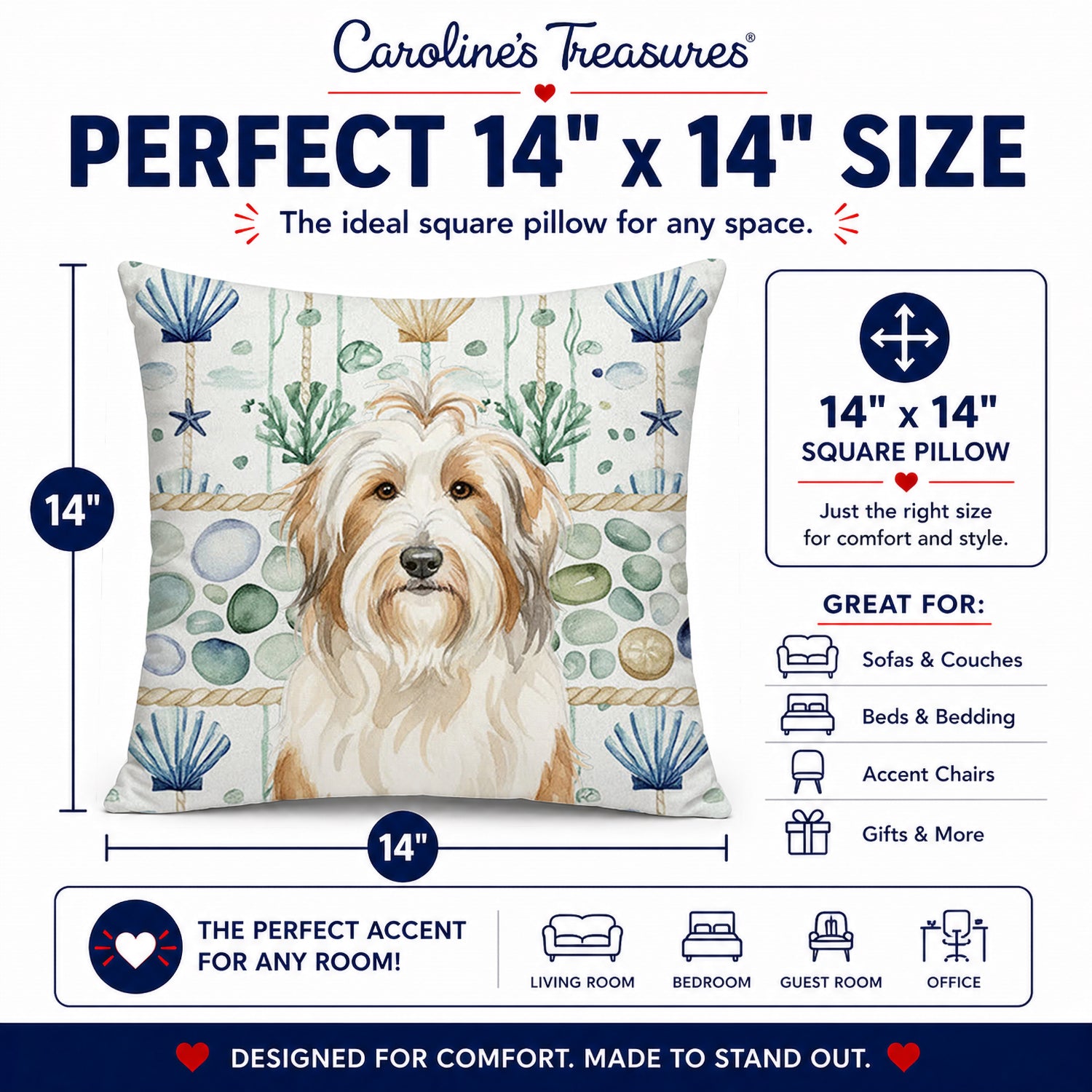 White and Tan Bearded Collie Coastal Sea Glass Decorative Throw Pillow 14x14 Indoor Outdoor Accent Cushion, Fabric Cover with Insert for Sofa, Bed, Porch & Living Room