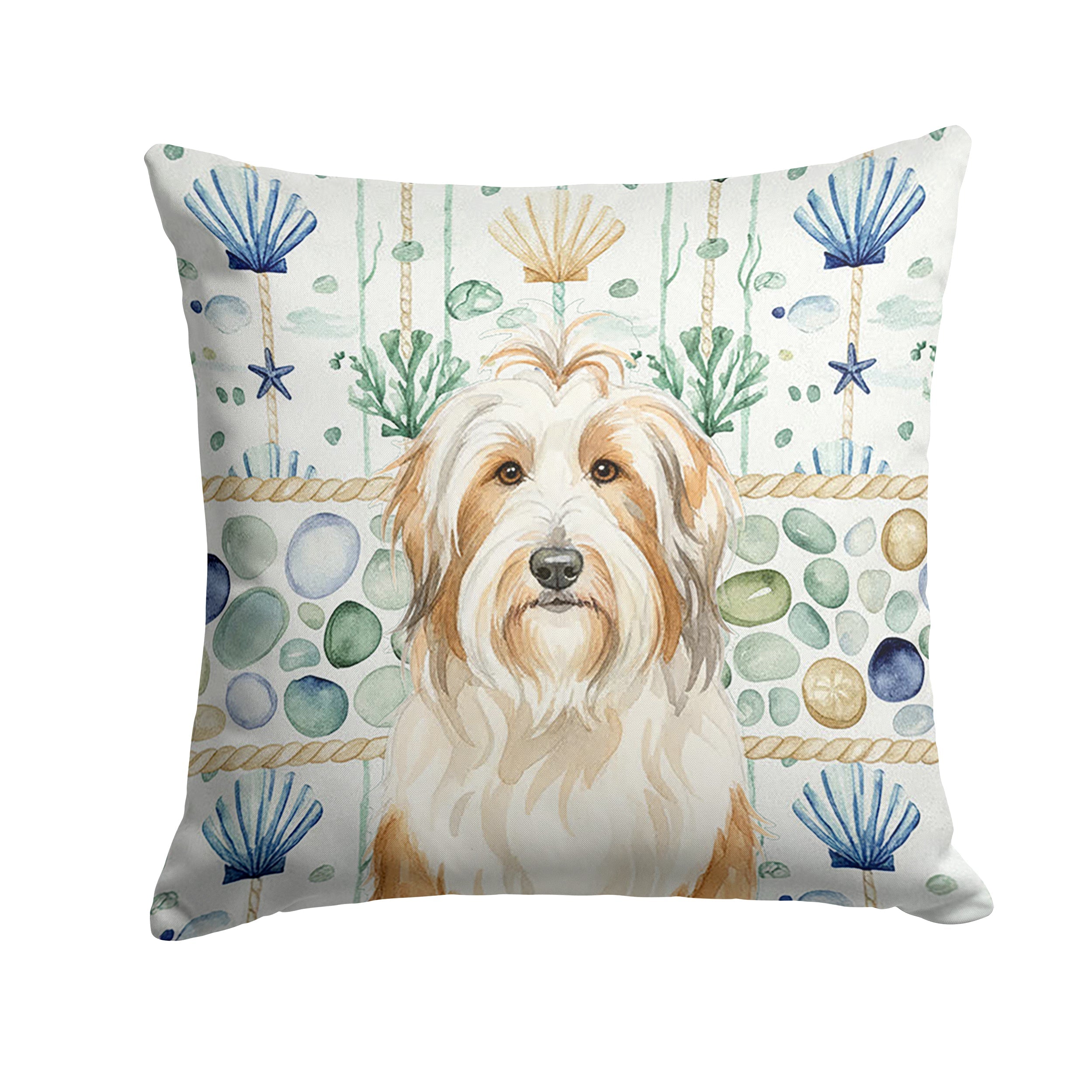 White and Tan Bearded Collie Coastal Sea Glass Decorative Throw Pillow 18x18 Indoor Outdoor Accent Cushion, Fabric Cover with Insert for Sofa, Bed, Porch & Living Room