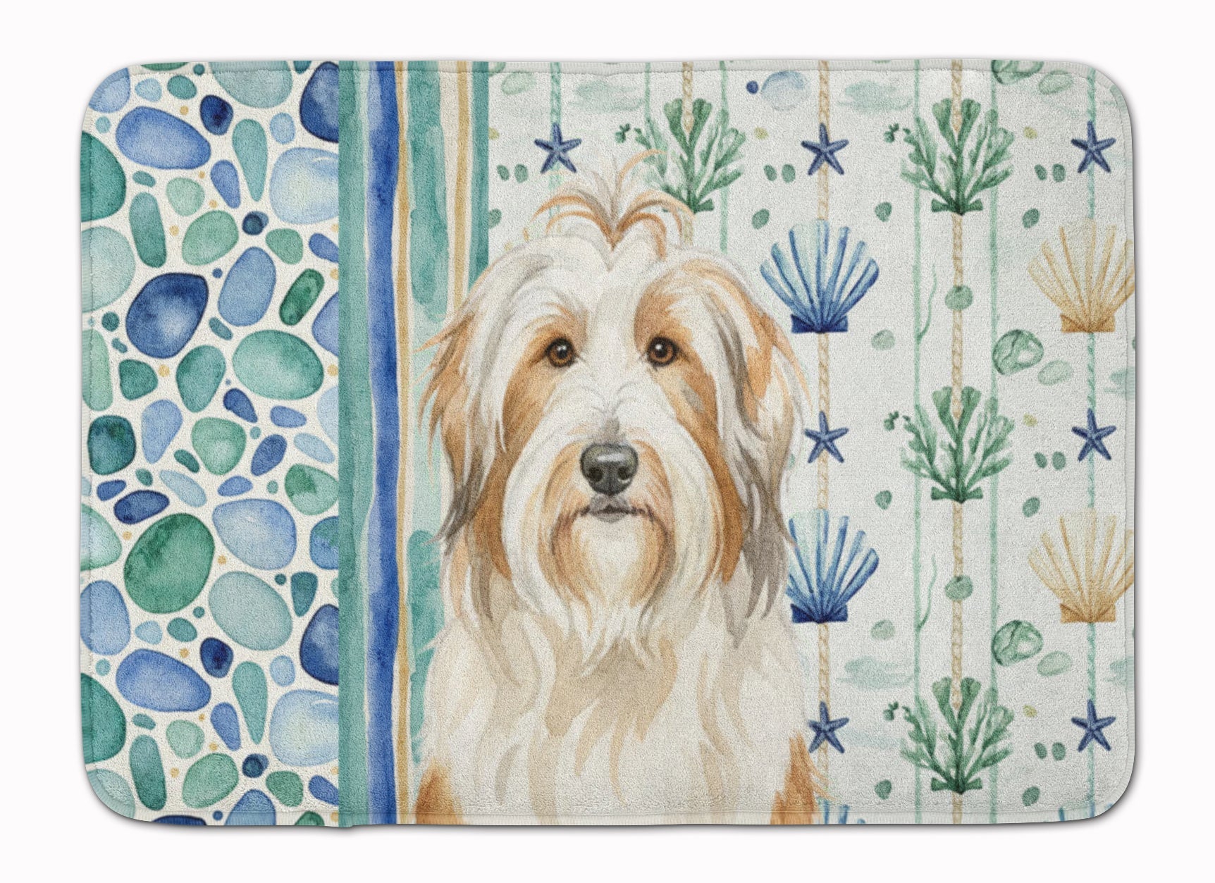 White and Tan Bearded Collie Coastal Sea Glass Memory Foam Kitchen Mat Machine Washable Anti-Fatigue Cushion Comfort Bath or Kitchen Rug