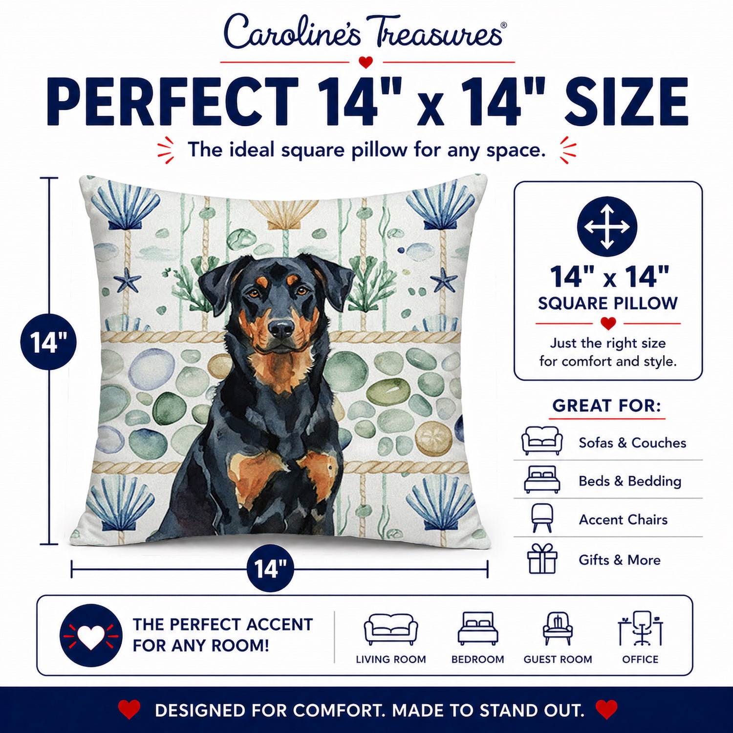 Beauceron Coastal Sea Glass Decorative Throw Pillow 14x14 Indoor Outdoor Accent Cushion, Fabric Cover with Insert for Sofa, Bed, Porch & Living Room