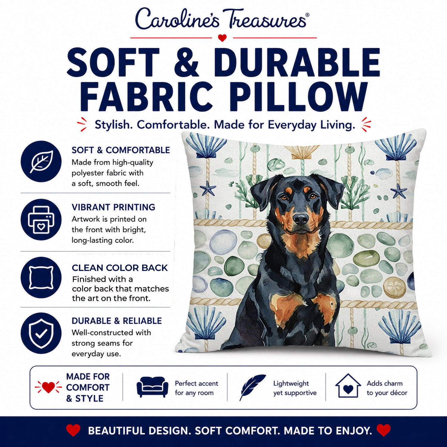 Beauceron Coastal Sea Glass Decorative Throw Pillow 18x18 Indoor Outdoor Accent Cushion, Fabric Cover with Insert for Sofa, Bed, Porch & Living Room