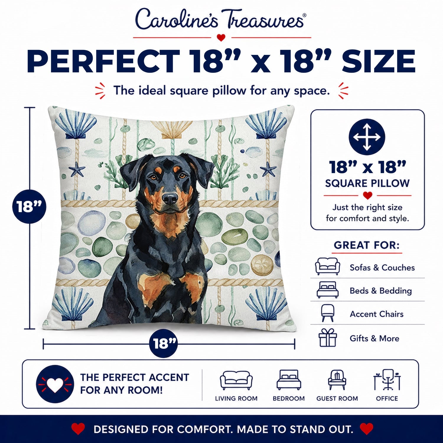 Beauceron Coastal Sea Glass Decorative Throw Pillow 18x18 Indoor Outdoor Accent Cushion, Fabric Cover with Insert for Sofa, Bed, Porch & Living Room