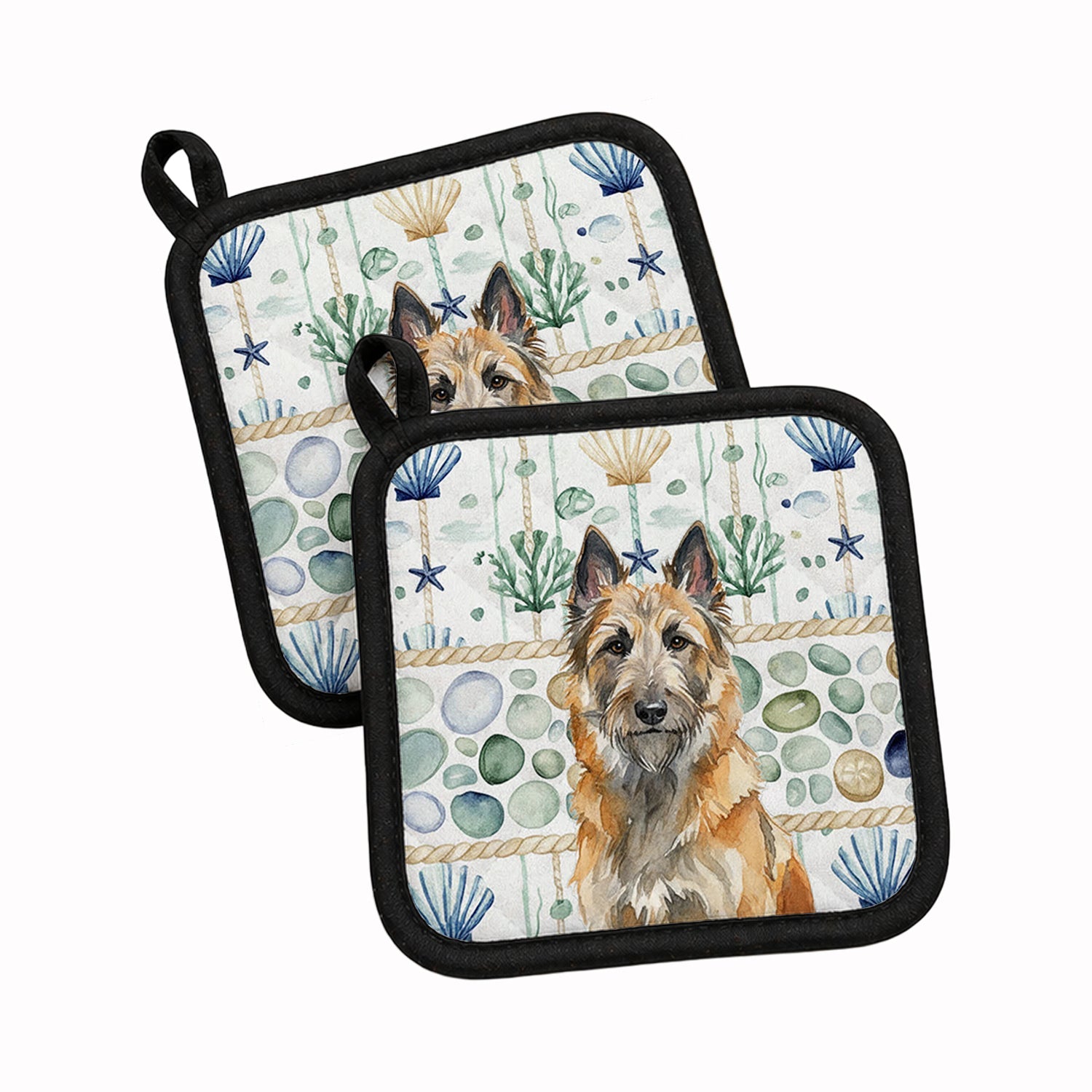 Belgian Laekenois Coastal Sea Glass Pot Holder Set of 2 Heat Resistant Quilted Hot Pads 7.5 x 7.5 Inch, Insulated Kitchen Trivets for Cooking & Baking