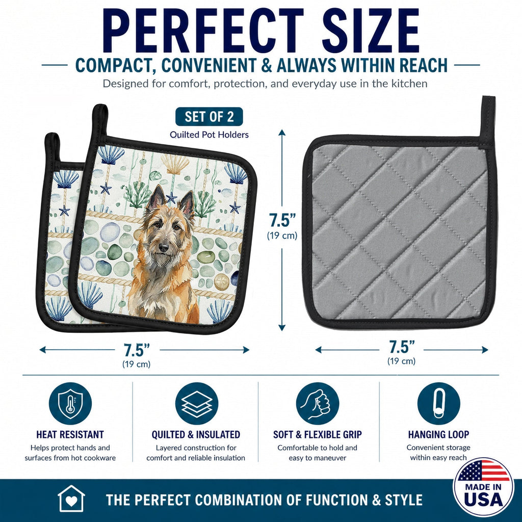 Belgian Laekenois Coastal Sea Glass Pot Holder Set of 2 Heat Resistant Quilted Hot Pads 7.5 x 7.5 Inch, Insulated Kitchen Trivets for Cooking & Baking