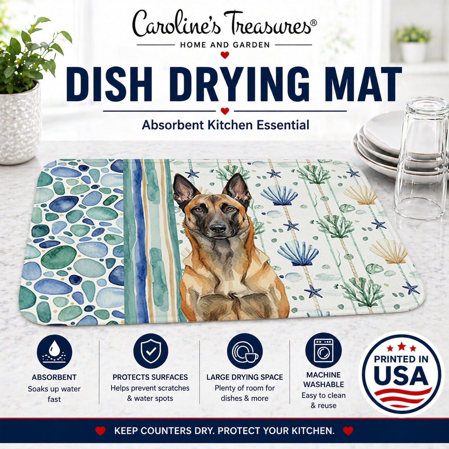Belgian Malinois Coastal Sea Glass Dish Drying Mat Absorbent Dish Drying Mat Pad for Kitchen Counter Dish Drainer Mat for Countertop, 14 x 21", Multicolor
