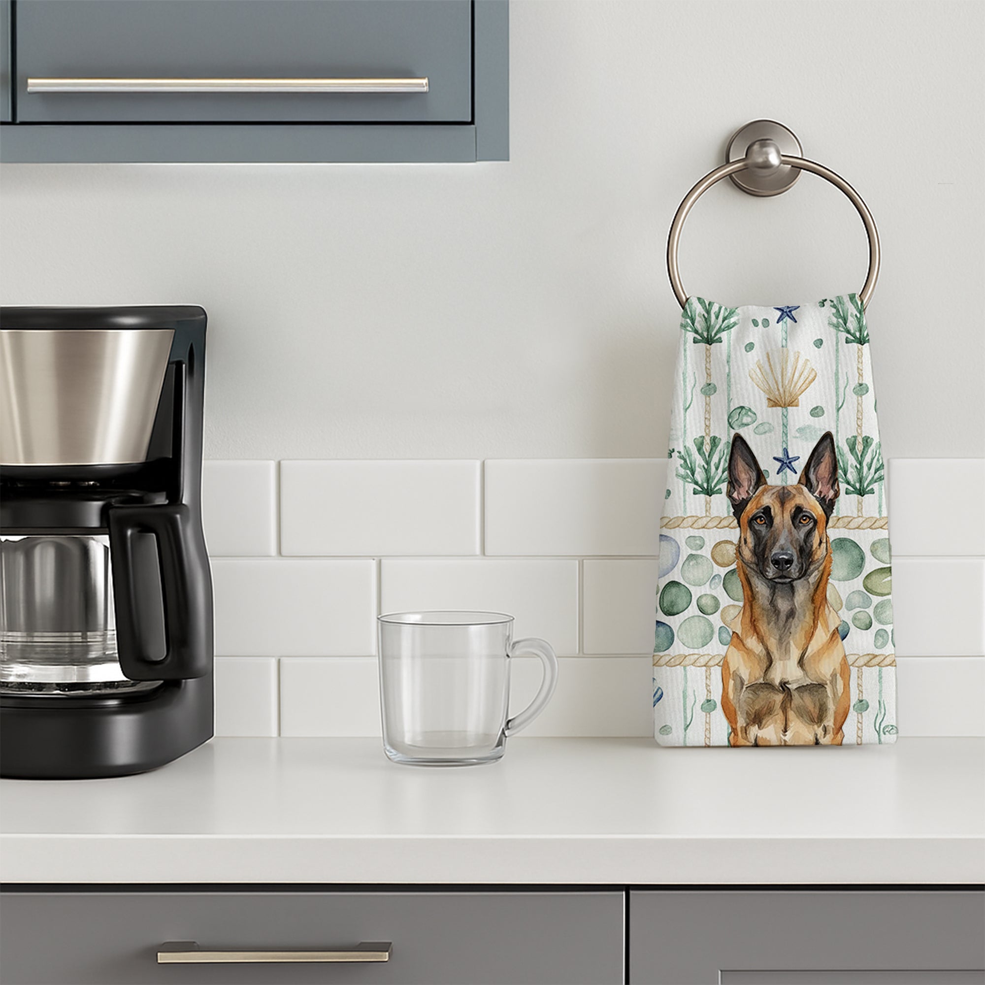 Belgian Malinois Coastal Sea Glass Kitchen Towel Velour Plush Front and Cotton Loop Back Machine Washable